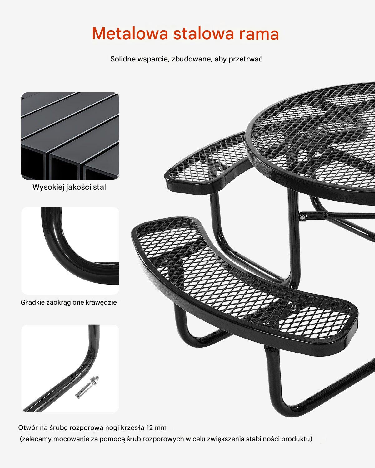 Stół piknikowy okrągły 117 cm - stal malowana z otworem na parasol - obrazek 7