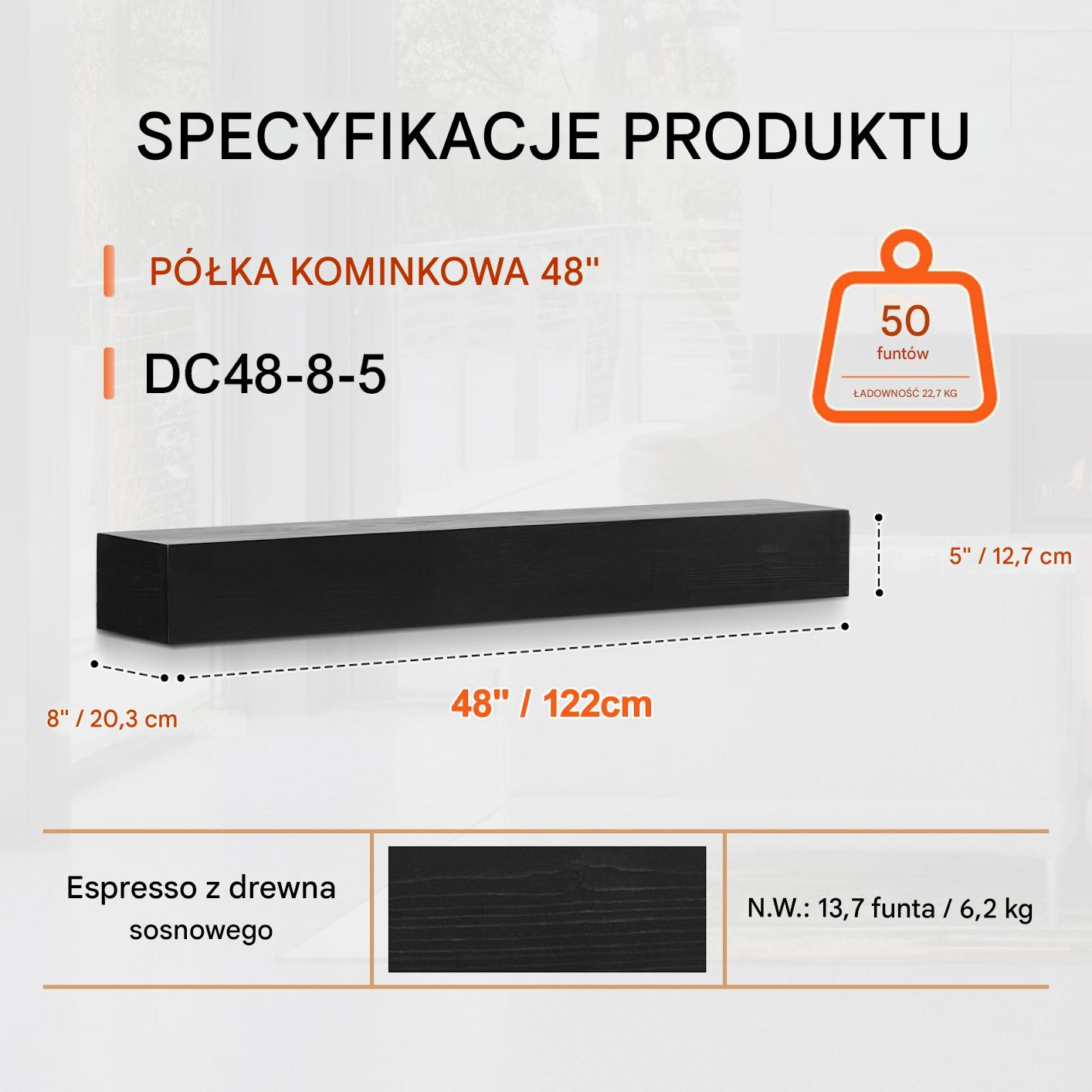 Półka na Kominek 121 cm Drewniana Sosnowa Wisząca do Salonu Espresso - obrazek 2