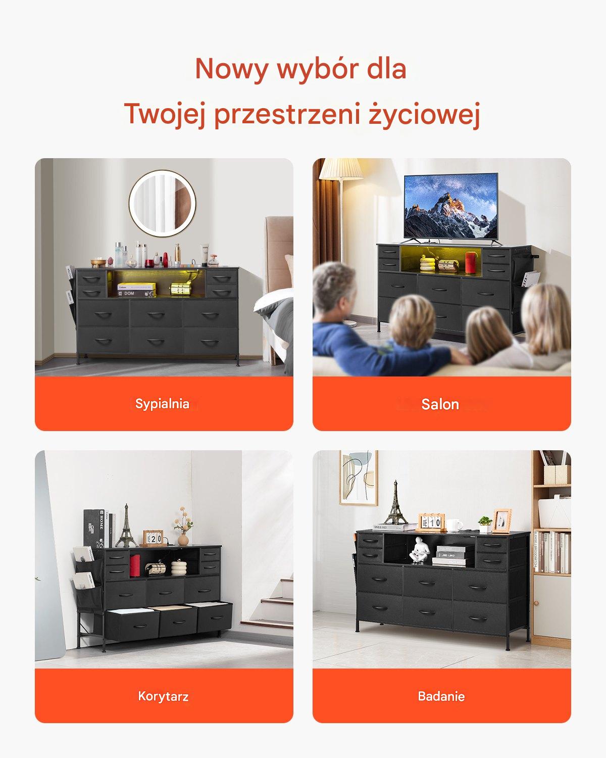 Komoda 10 szuflad materiałowa z półką LED gniazdko - do sypialni, garderoby - obrazek 4