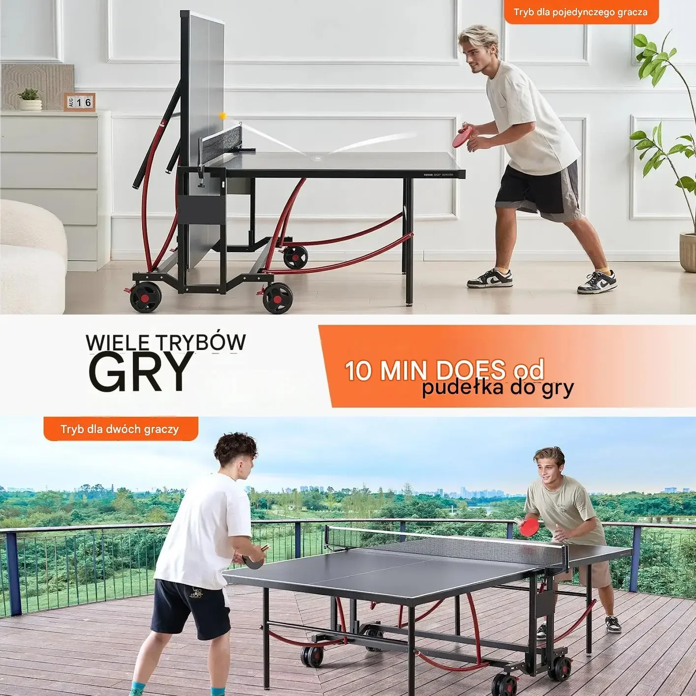 Stół do tenisa stołowego składany czarny z kółkami szybki montaż ping pong - obrazek 6