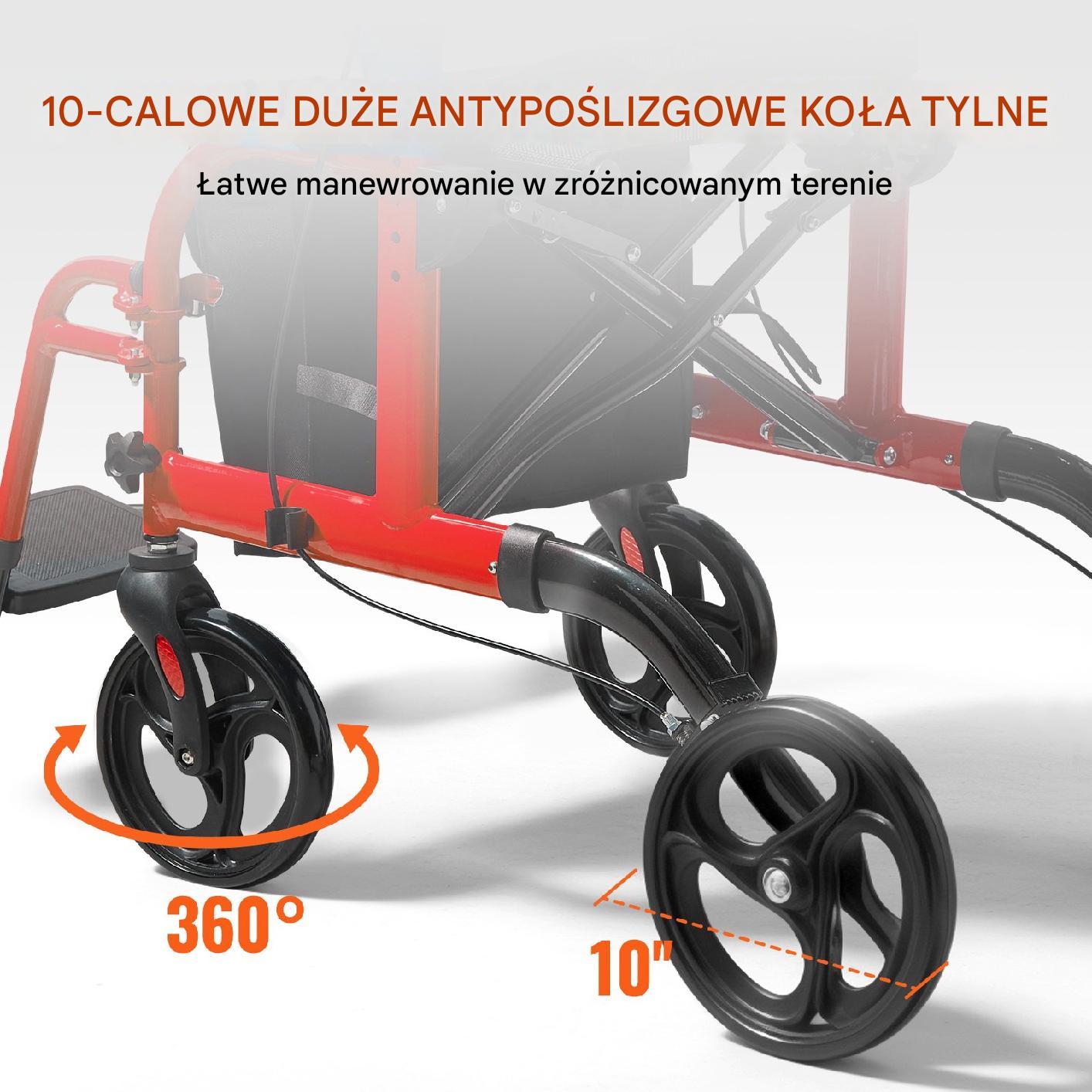 Wózek inwalidzki i Krzesło Transportowe 2 w 1 Czerwone - obrazek 5