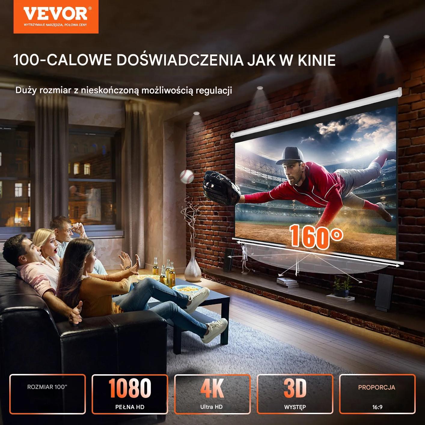 Ekran projekcyjny ręczny 100 cali 16:9 4K zwijany kino domowe - obrazek 4