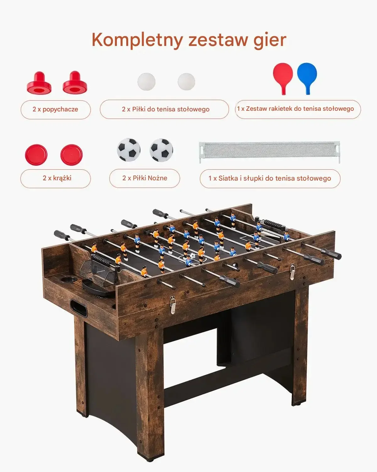 Stół do gier 3w1 air hockey ping pong piłkarzyki 137 cm rodzinny arcade - obrazek 5