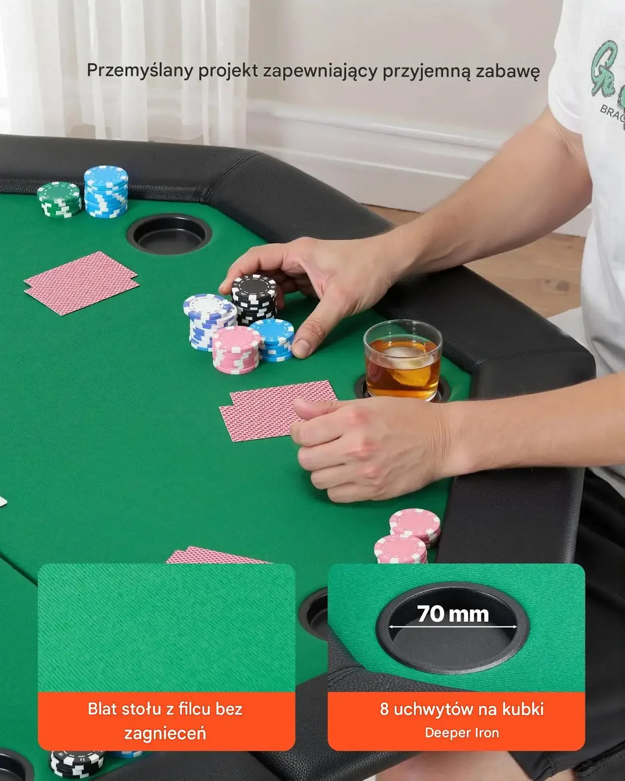 Stół do pokera zielony składany 8 graczy 126 cm Texas Holdem z uchwytami - obrazek 4