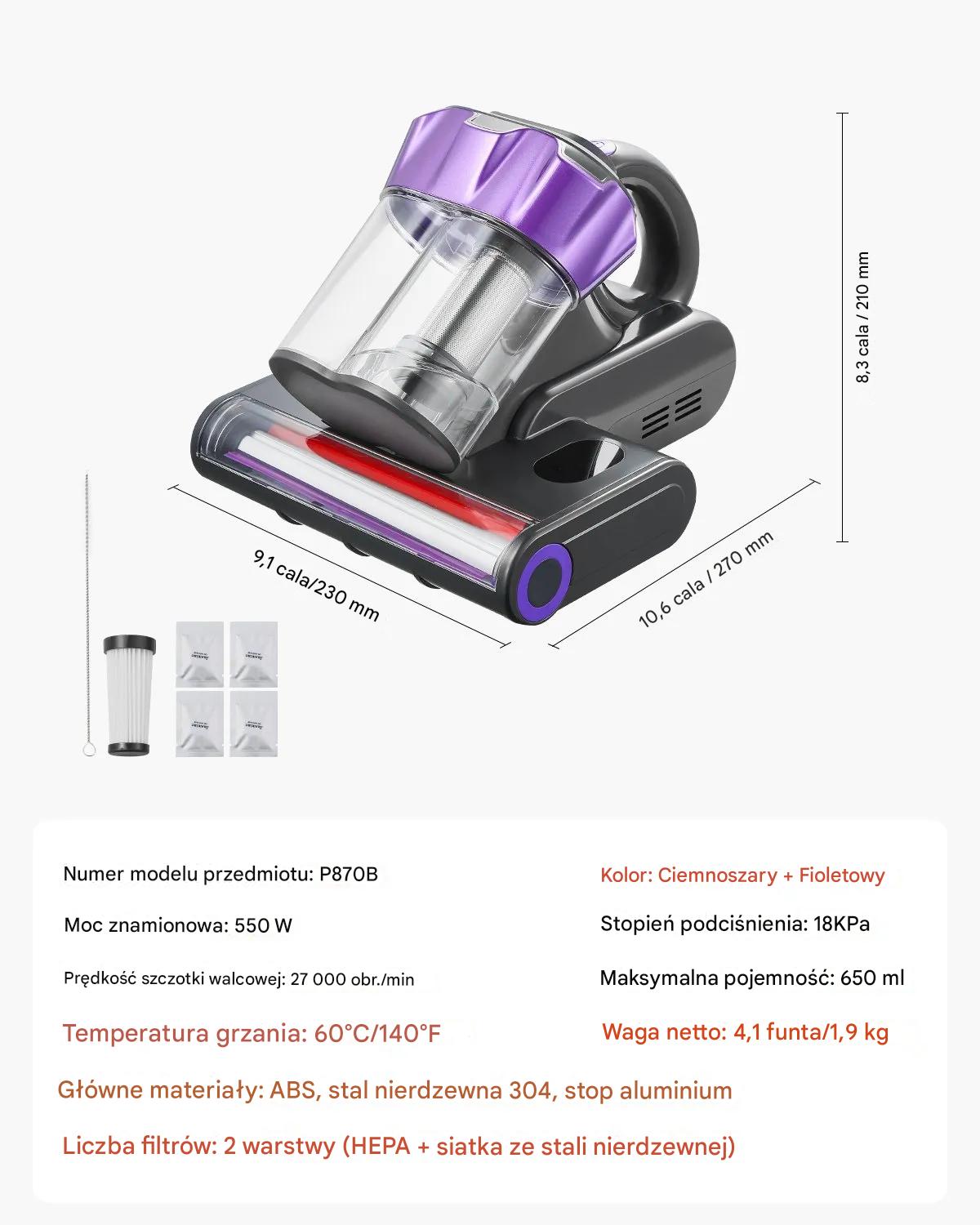 Odkurzacz ręczny do tapicerki 550W materacy 18 kPa HEPA 27 000 RPM 650ml - obrazek 2