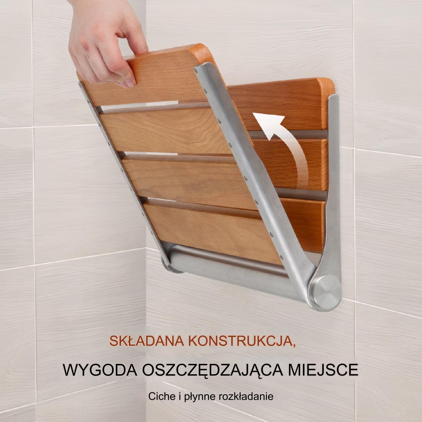 Składane siedzisko prysznicowe dębowe 41x34 cm montaż ścienny - obrazek 3