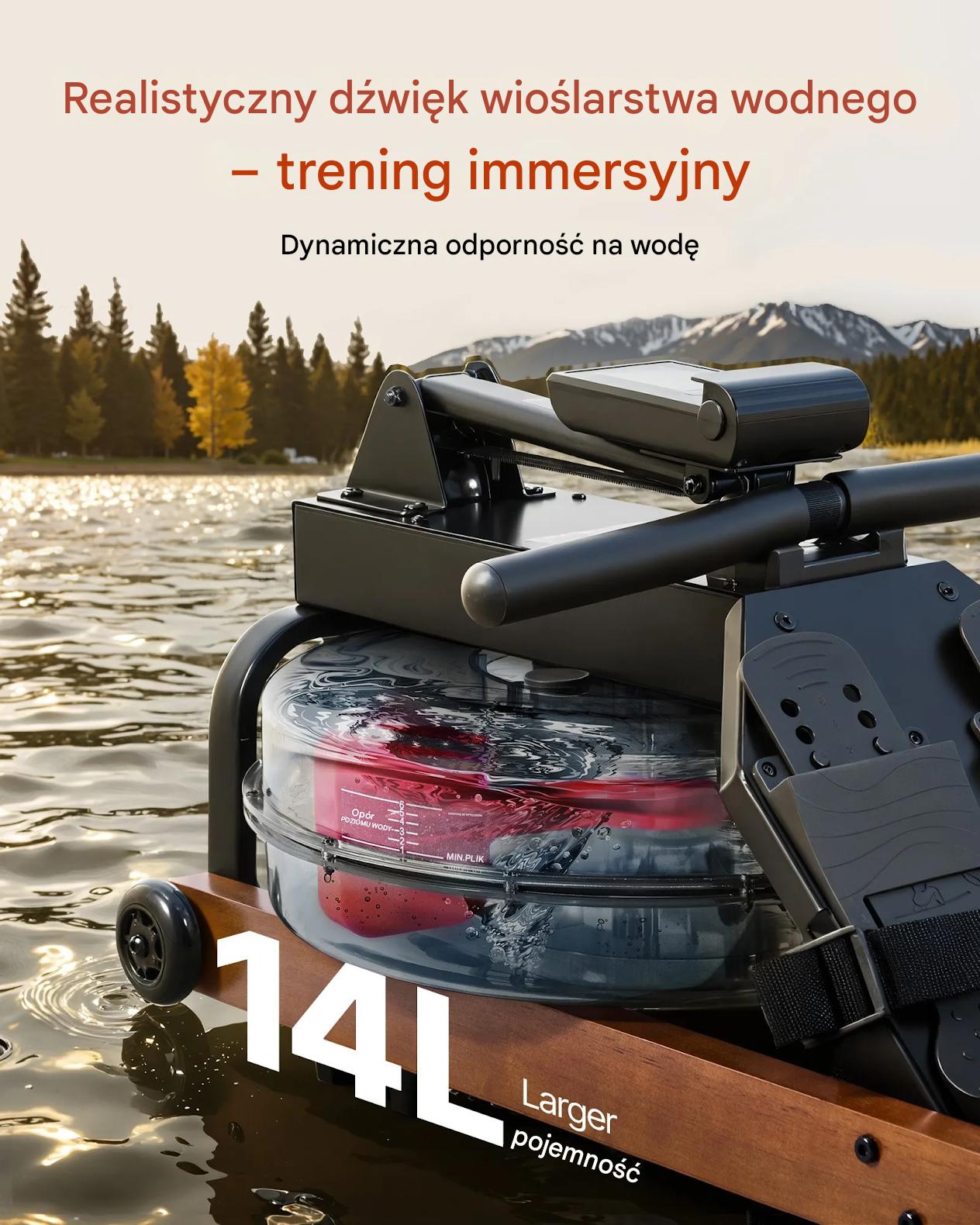 Wioślarz wodny drewniany składany 6 poziomów oporu LCD trening domowy - obrazek 6