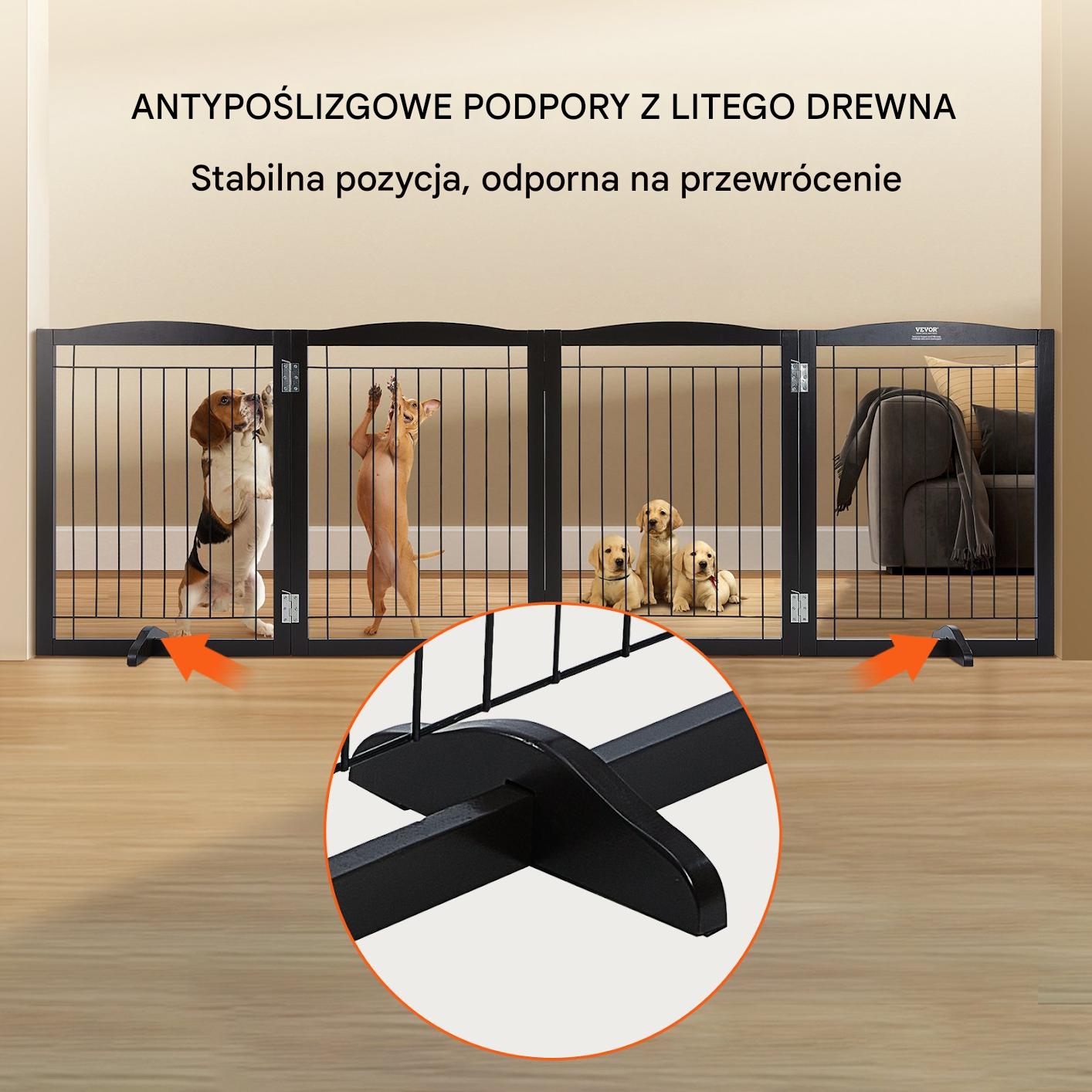 Bramka dla psa składana 4-panelowa, brązowa, drewniana, szer. do 245 cm - obrazek 4
