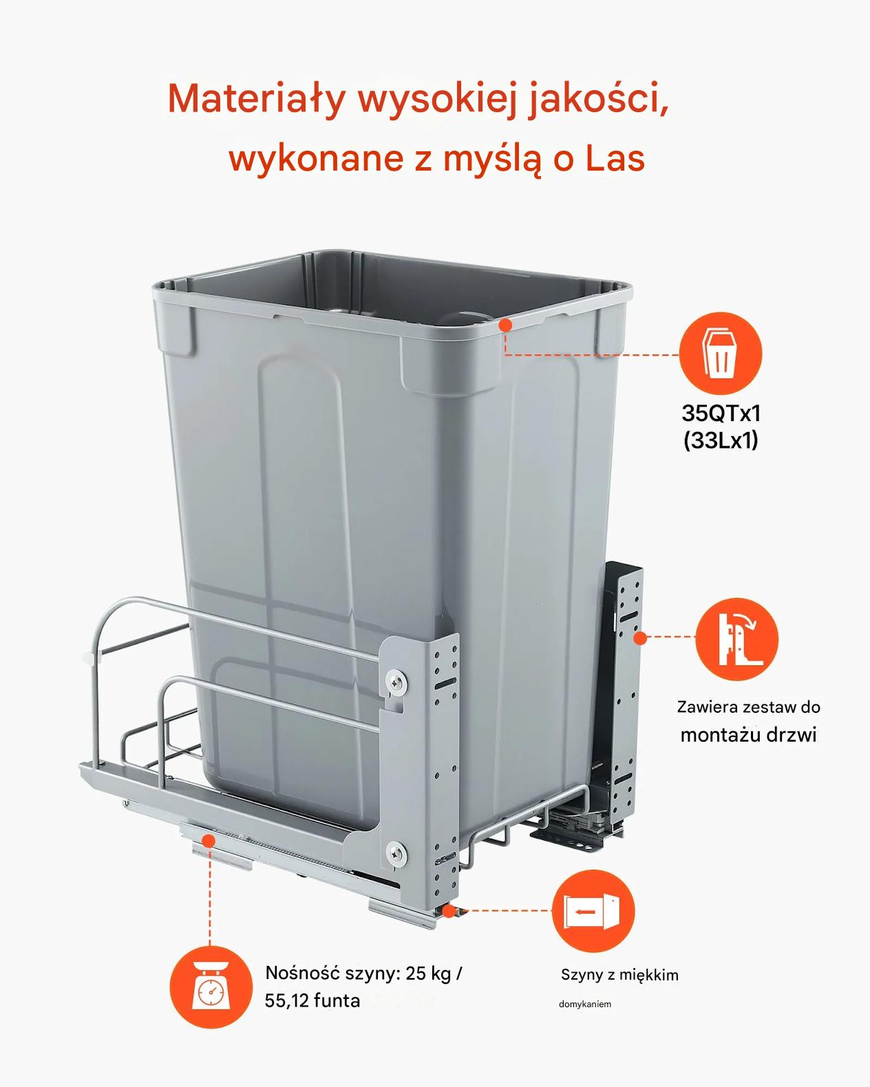 Kosz wysuwany do szafki szuflada soft-close, metalowy system, do kuchni - obrazek 5