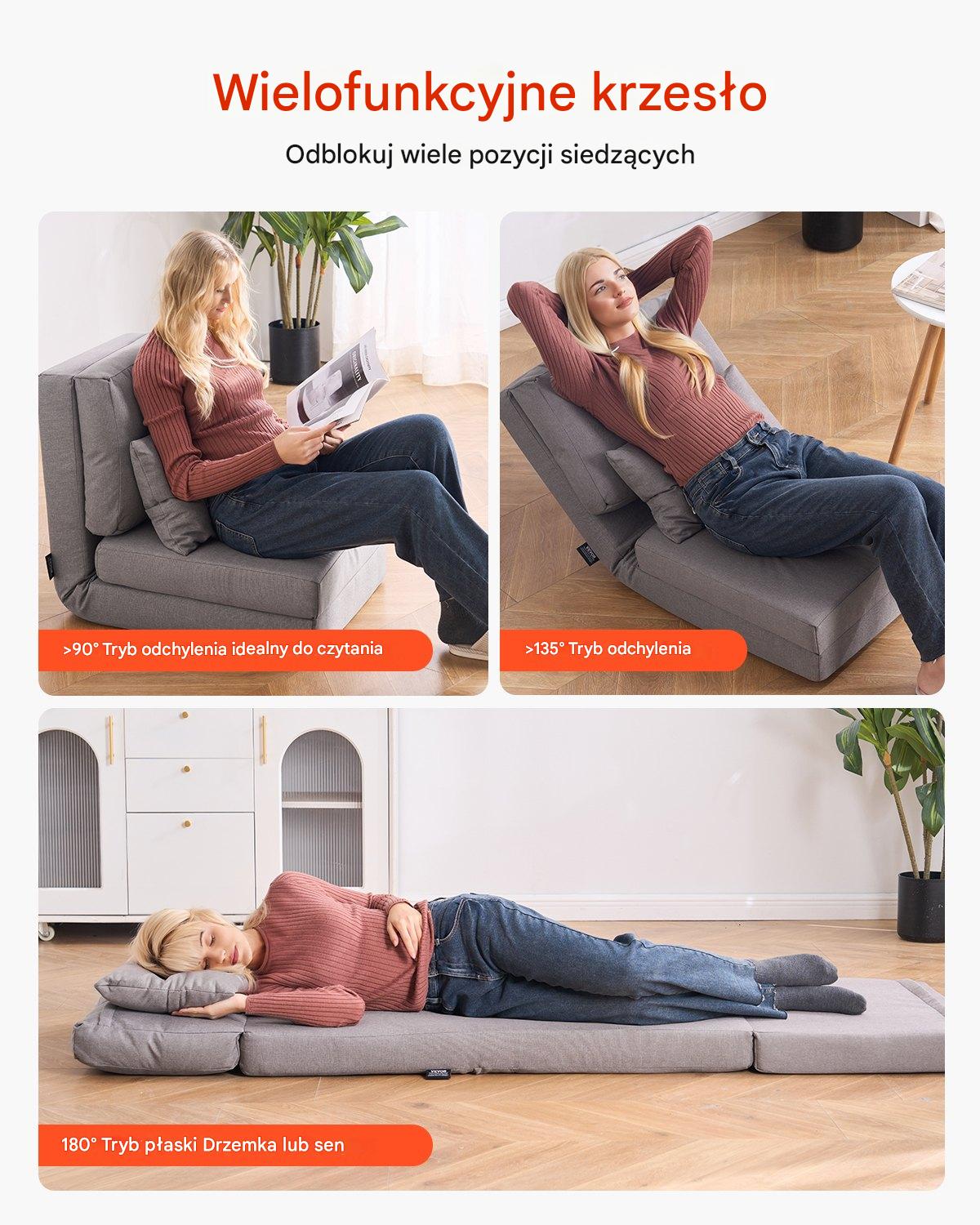 Składany fotel podłogowy regulowany 5-stopniowy sofa szara - obrazek 6