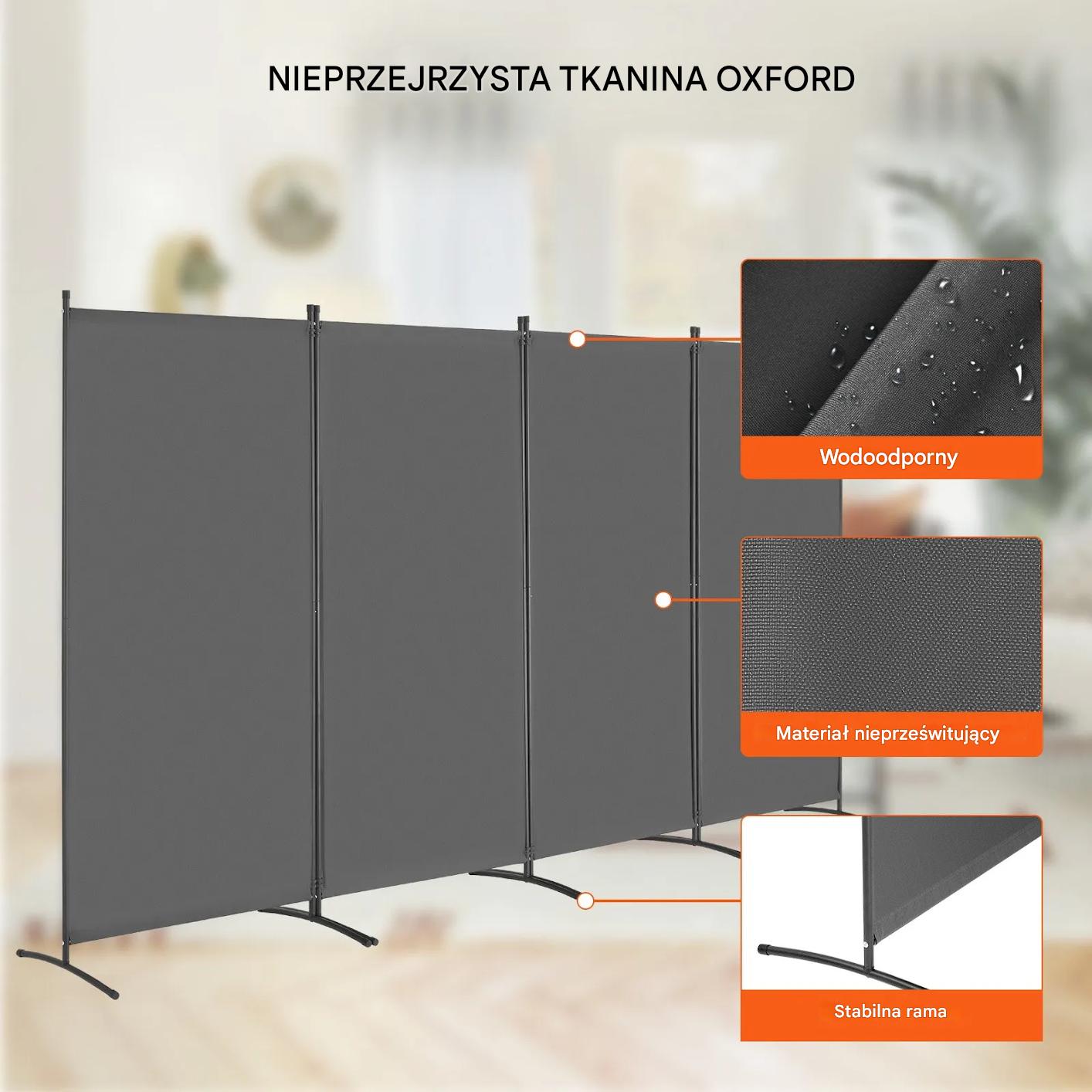 Parawan pokojowy 4-panelowy składany przegroda wolnostojąca szara biuro - obrazek 7