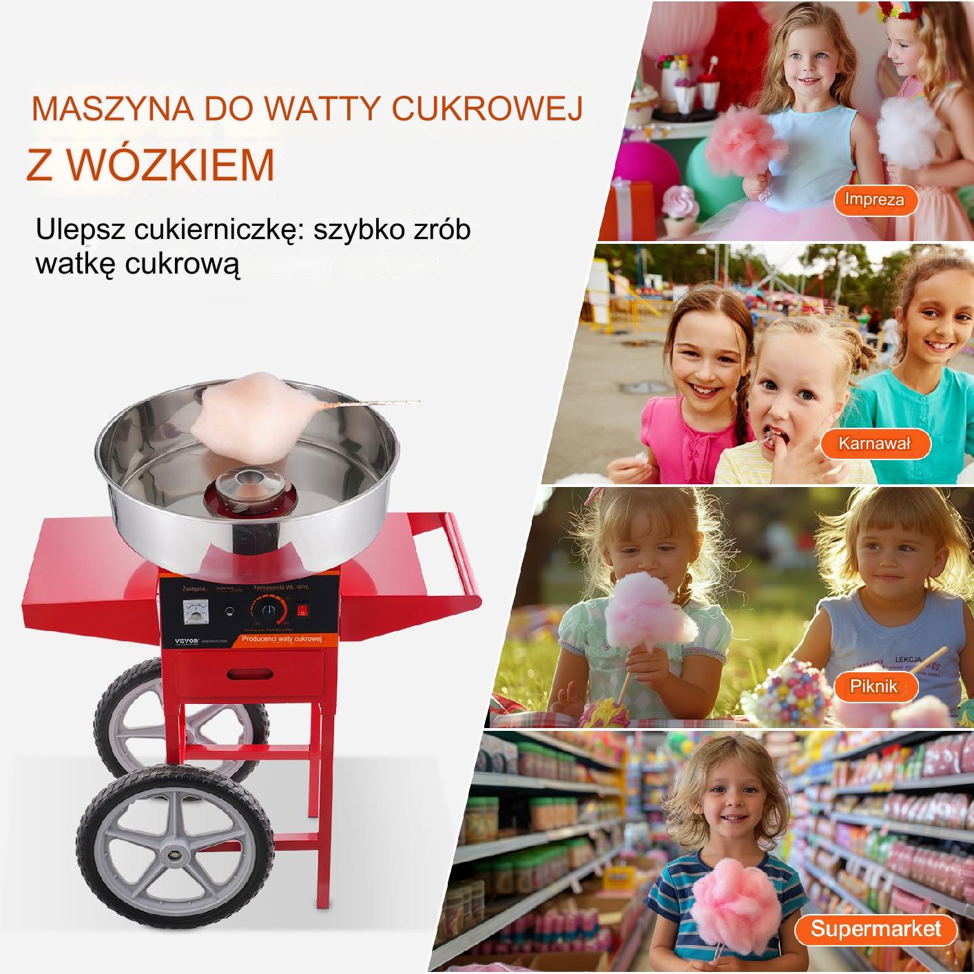 Różowa maszyna do waty cukrowej mobilna z wózkiem 1000W na kółkach - obrazek 6