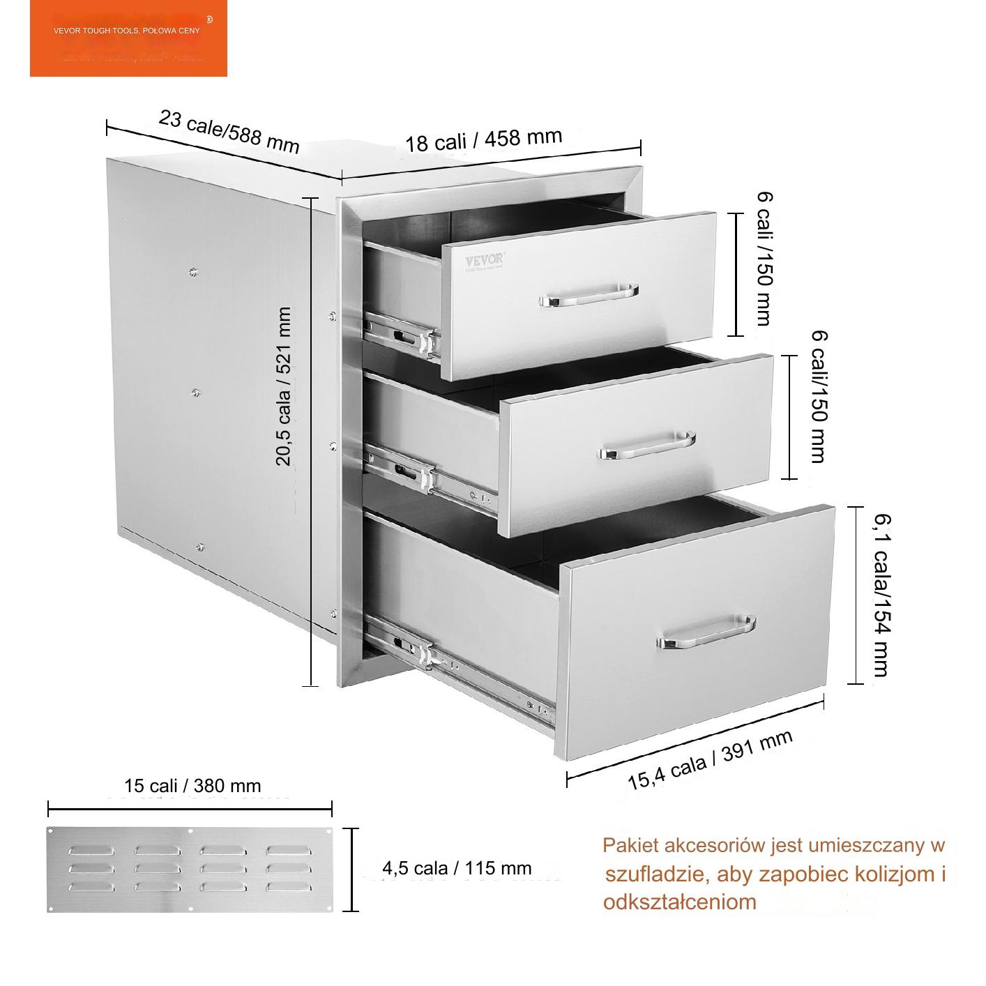 Szuflady BBQ 3x stal nierdzewna 45x58x58 cm z uchwytem chromowanym - obrazek 3