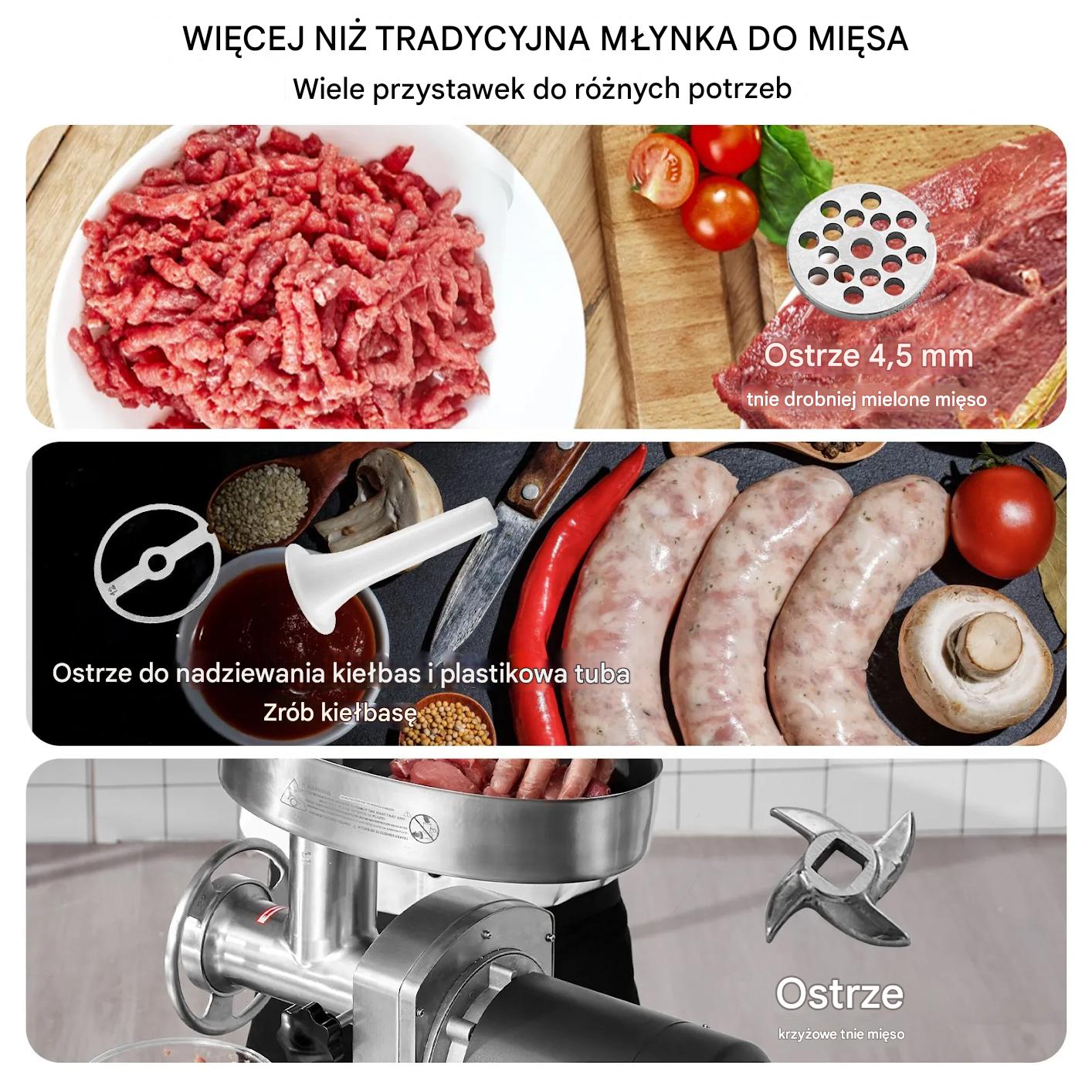 Maszynka do mięsa elektryczna 2,72kg/min stal nierdzewna kiełbasy szynka - obrazek 6