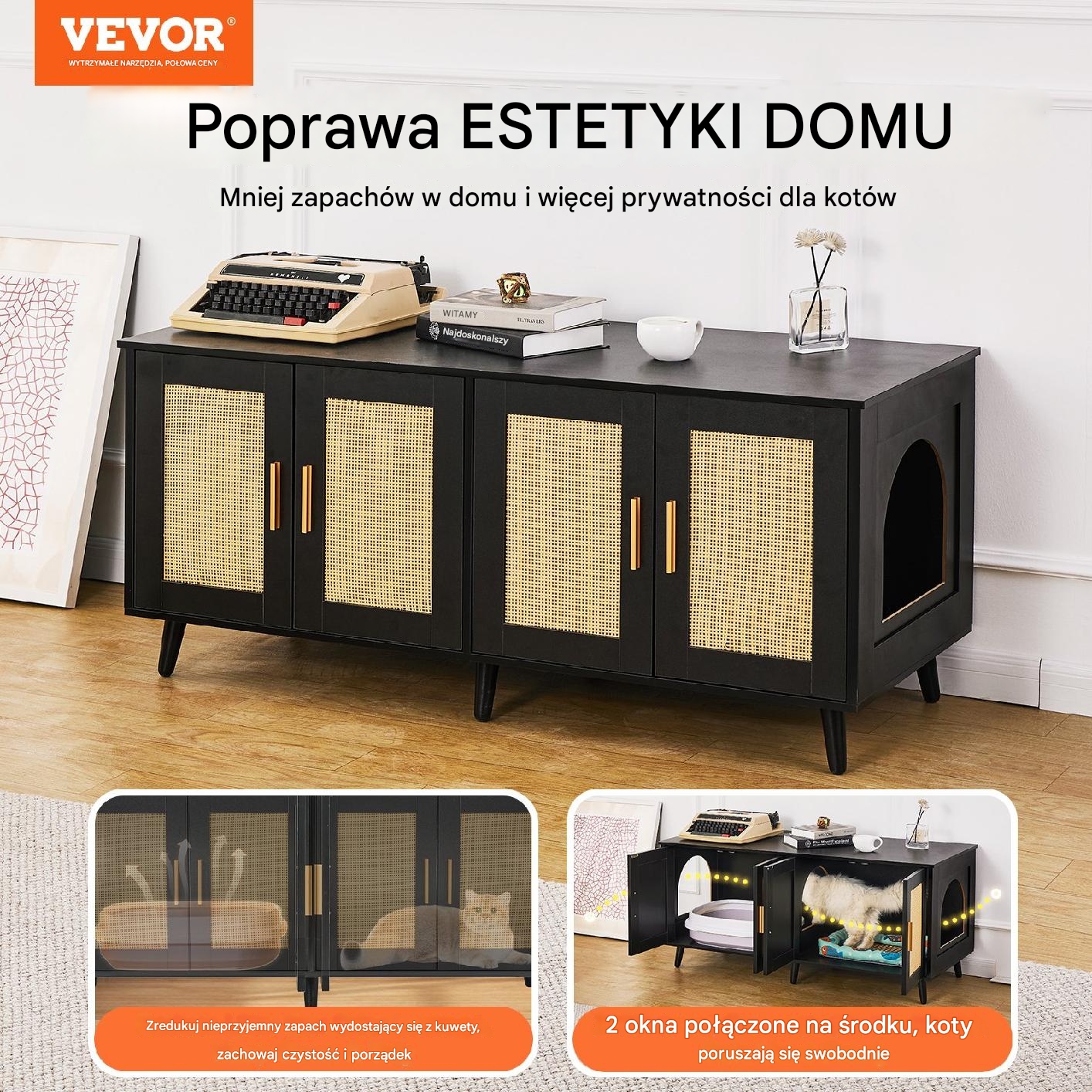 Szafka na kuwetę 2 komory – mebel maskujący czarny do domu dla kota - obrazek 2