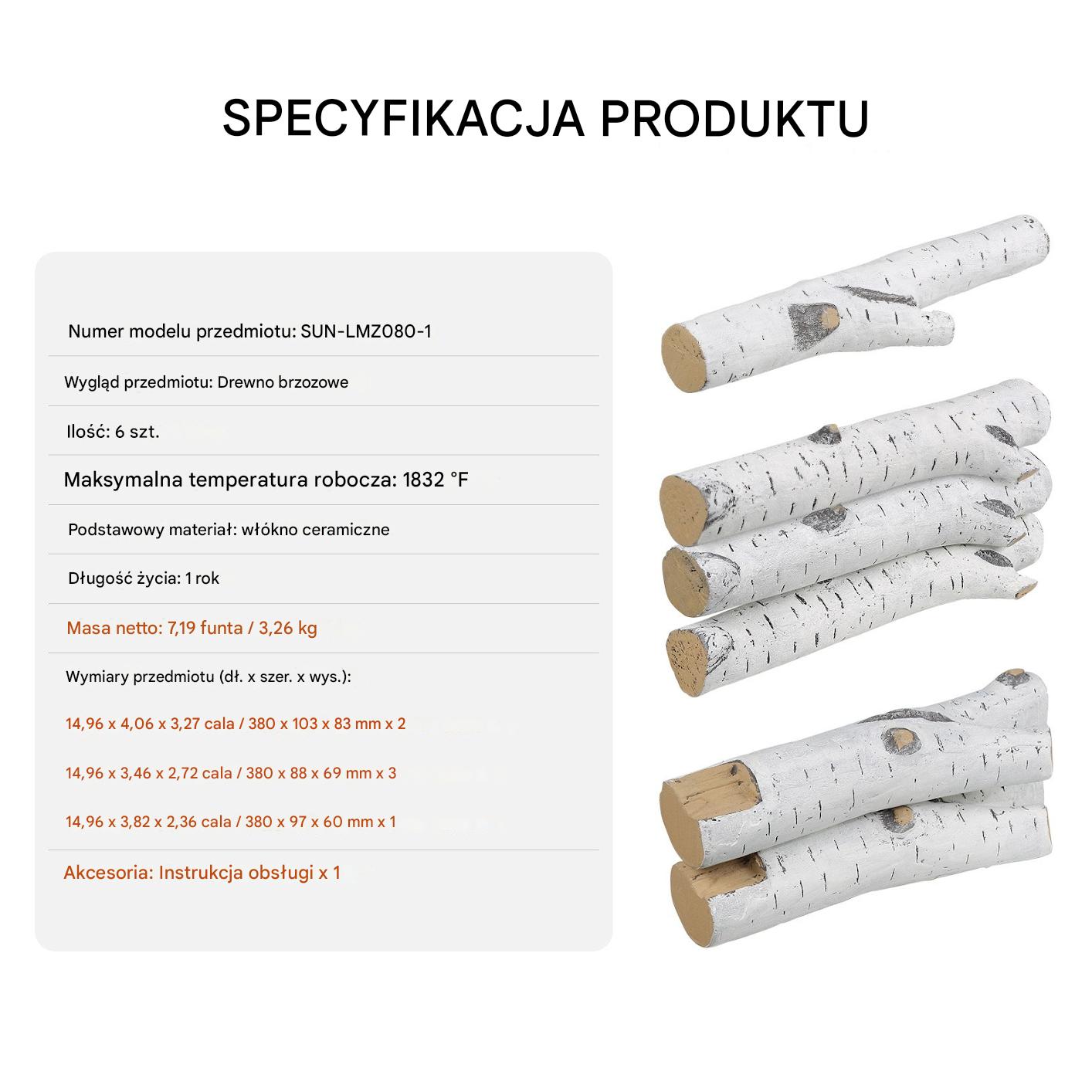 Drewno kominkowe 6 szt. ceramiczne imitujące brzozę - do kominka gazowego - obrazek 2