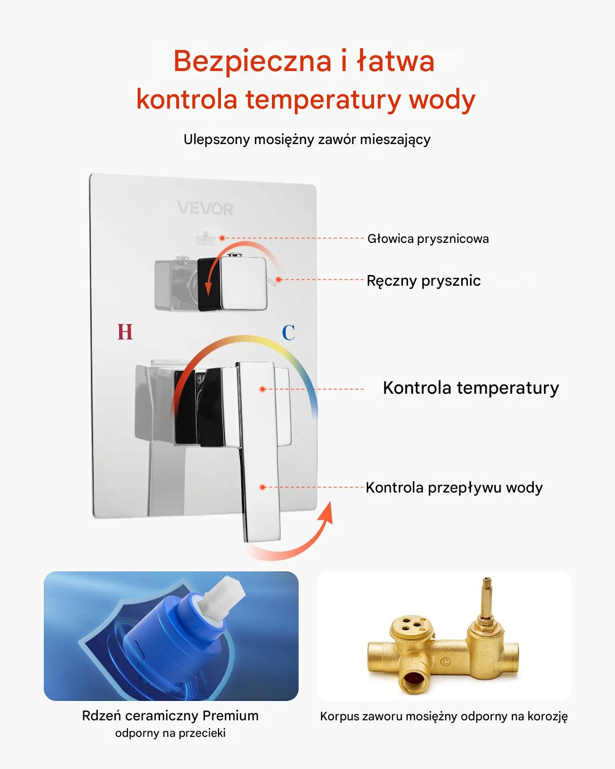 Zestaw prysznicowy deszczowy 25,4 cm kwadratowy z baterią ścienny chrom - obrazek 7