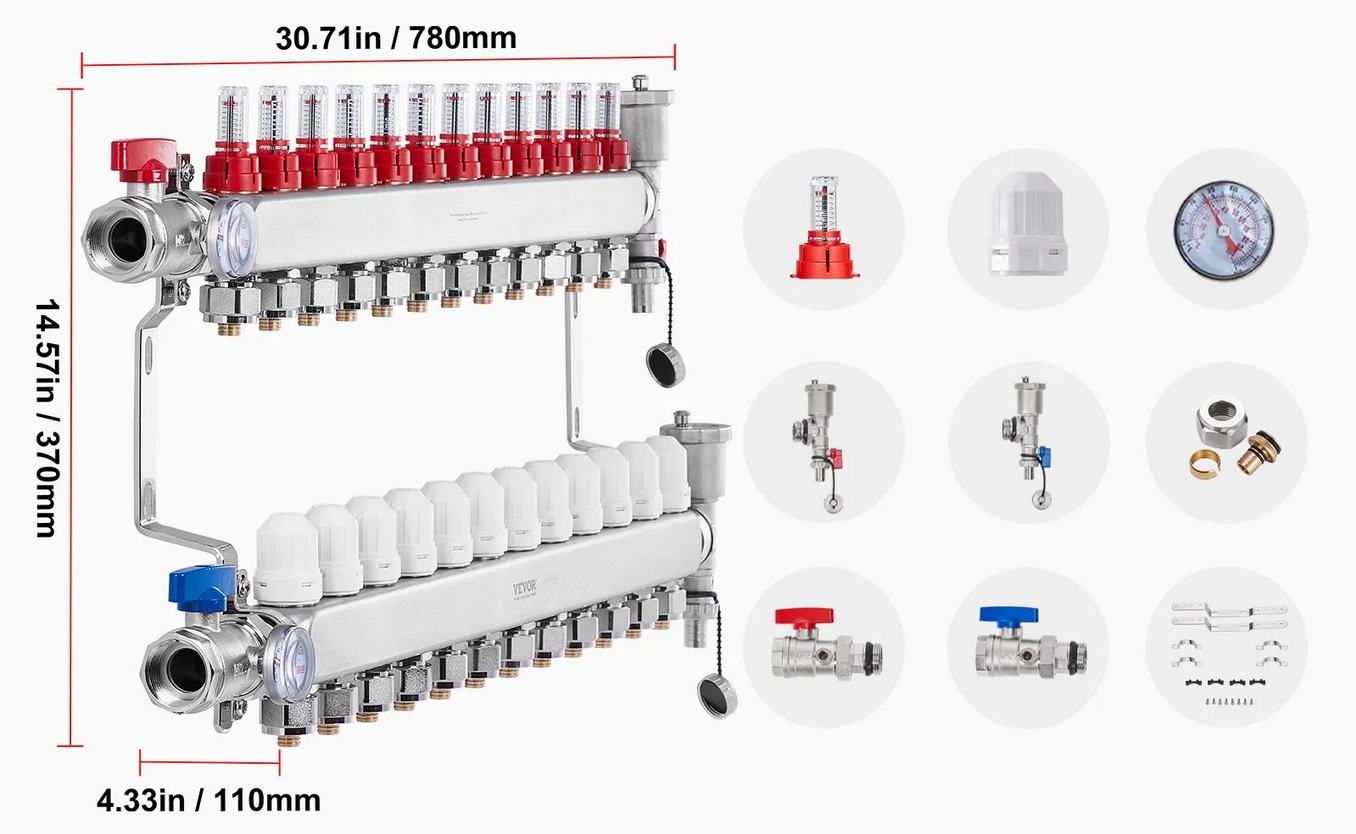 Rozdzielacz ogrzewania podłogowego 12 obw. PEX 1/2 stal z adapterami - obrazek 2