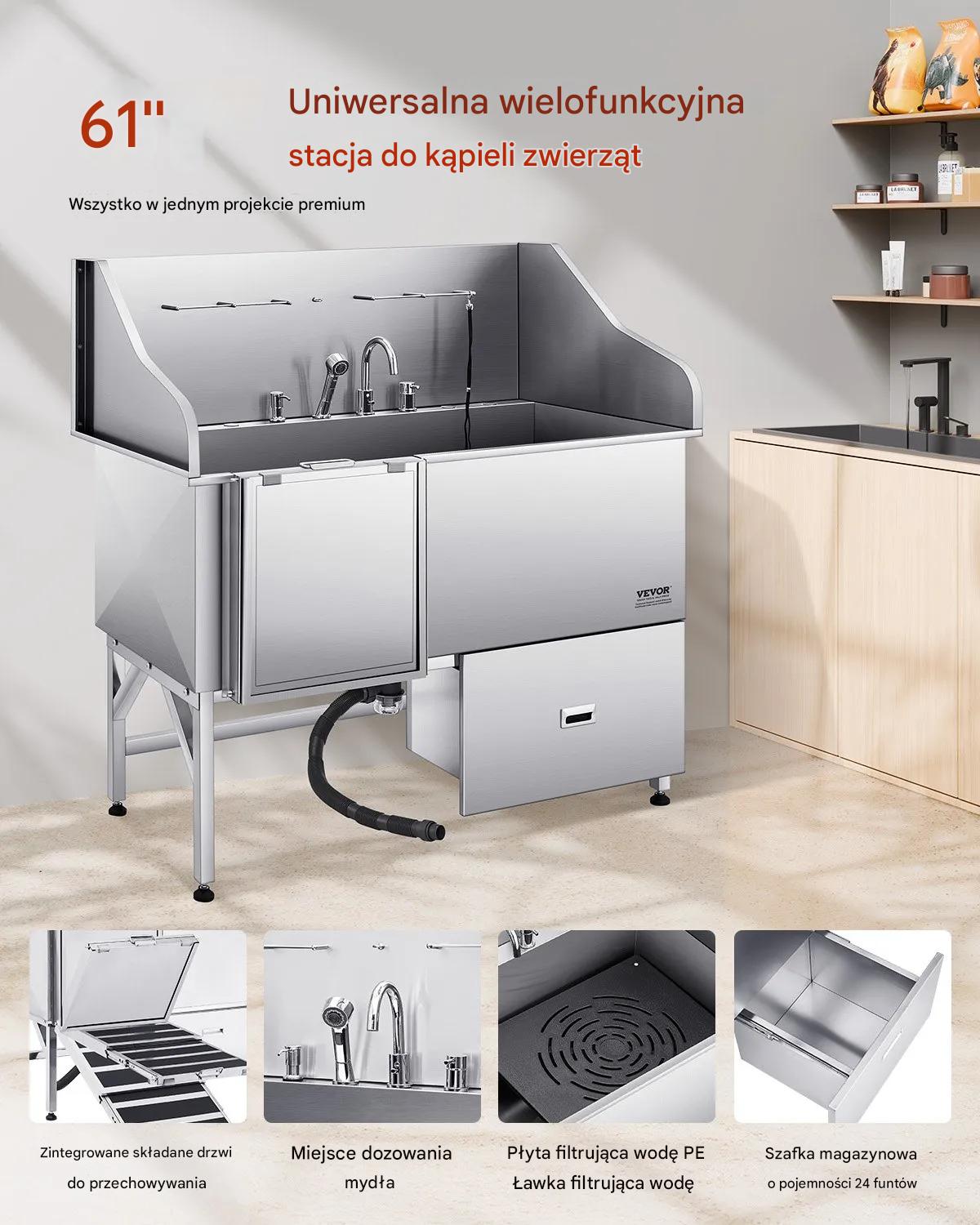 Wanna groomerska 155 cm stal rampa antypoślizg szuflada bateria drzwi lewe - obrazek 3