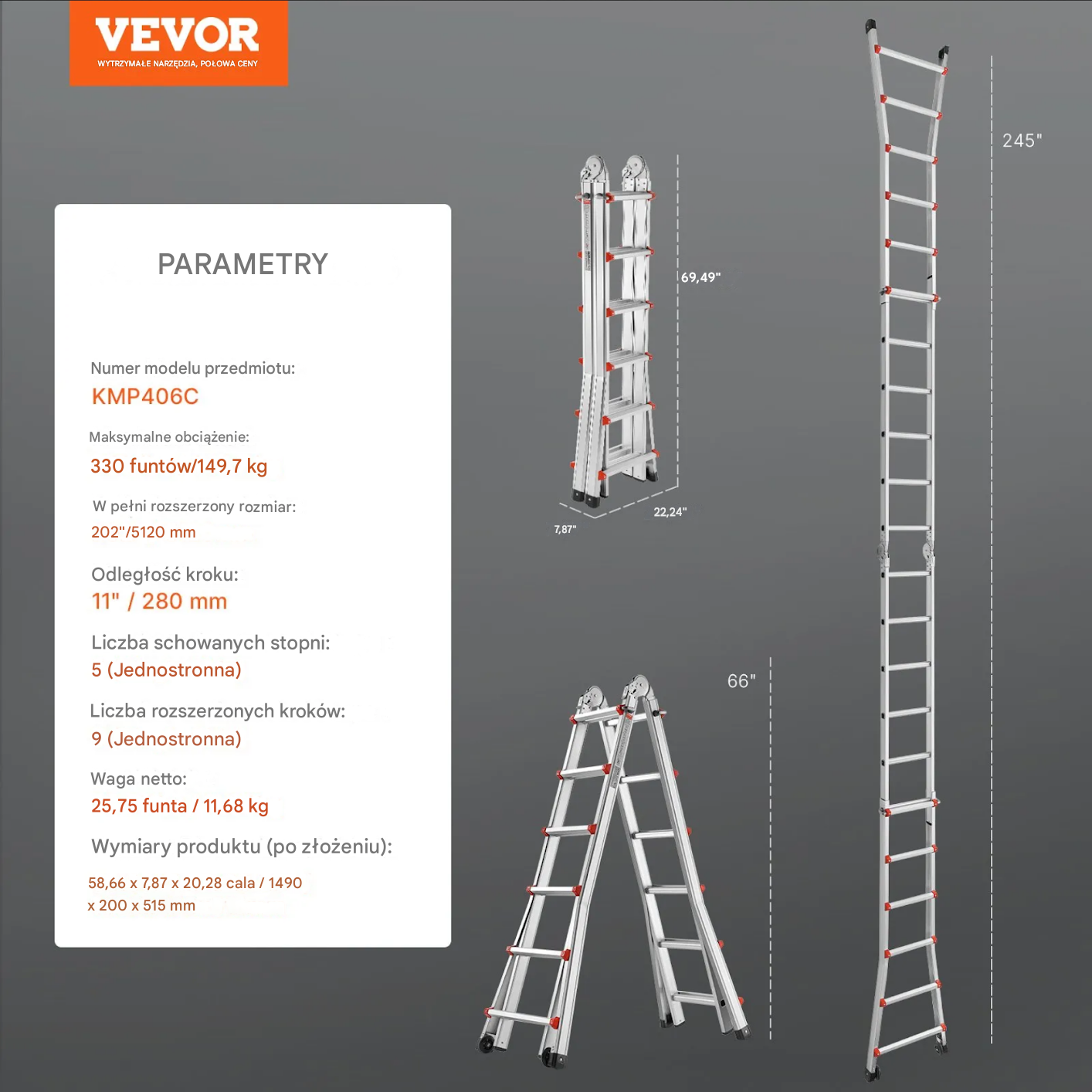 Drabina składana teleskopowa aluminiowa – 6,2 m - obrazek 2