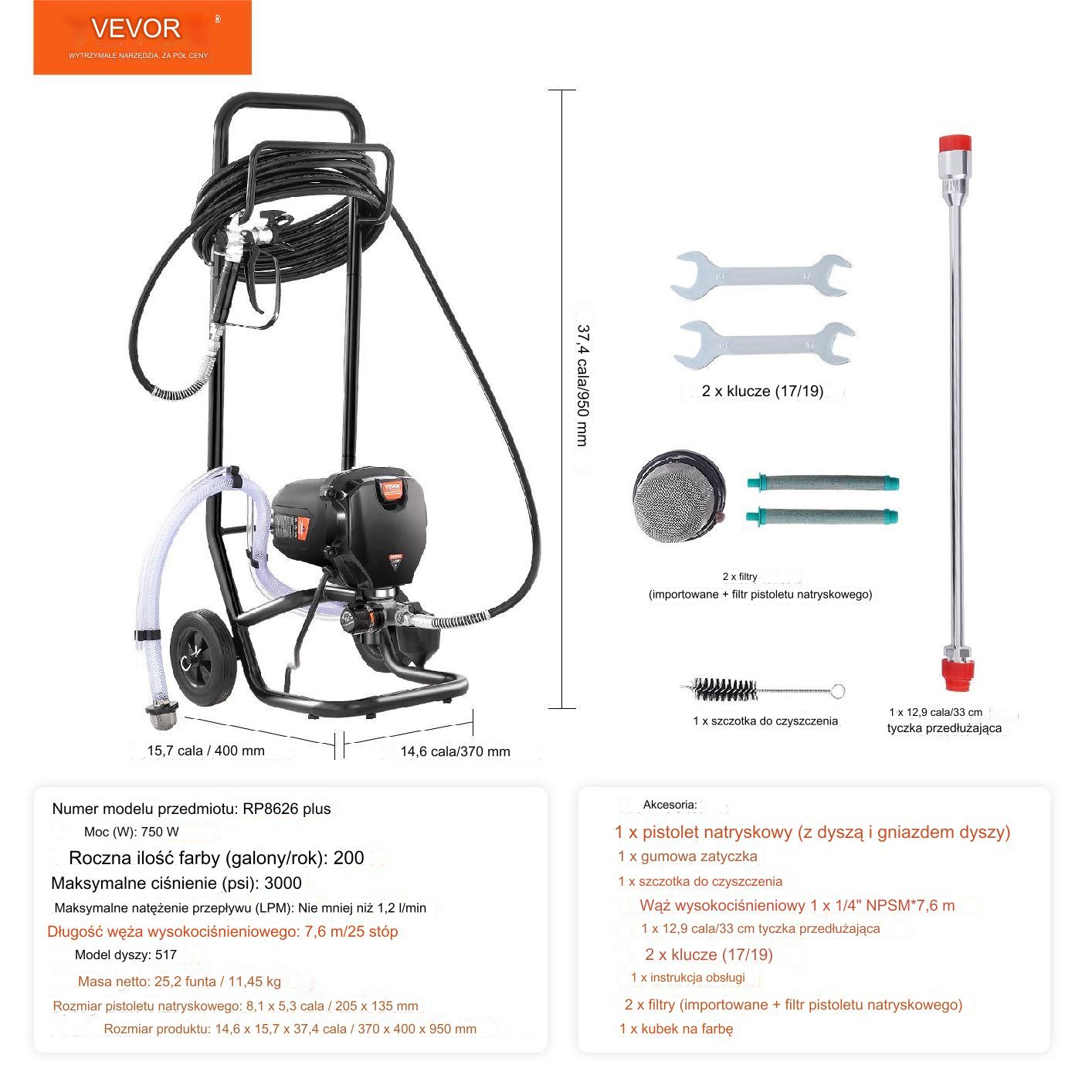 Agregat malarski hydrodynamiczny 750W mocny airless 3000PSI 1,2Lmin 15m - obrazek 2