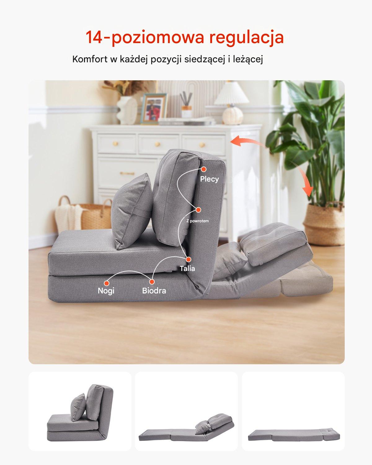 Składany fotel podłogowy regulowany 5-stopniowy sofa szara - obrazek 7