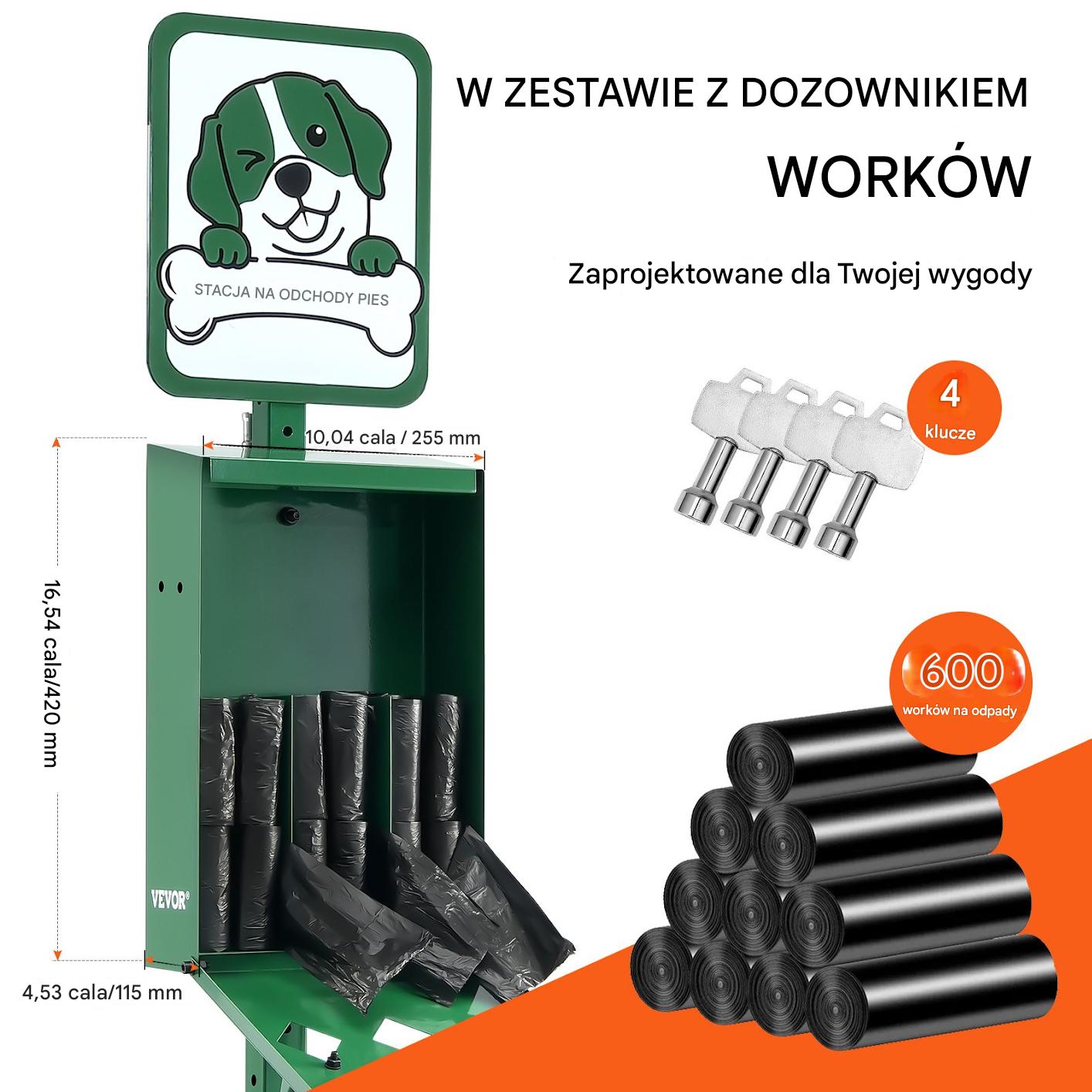 Kosz na psie odchody 43L z 650 workami dozownik montaż w ziemi do ogrodu - obrazek 3