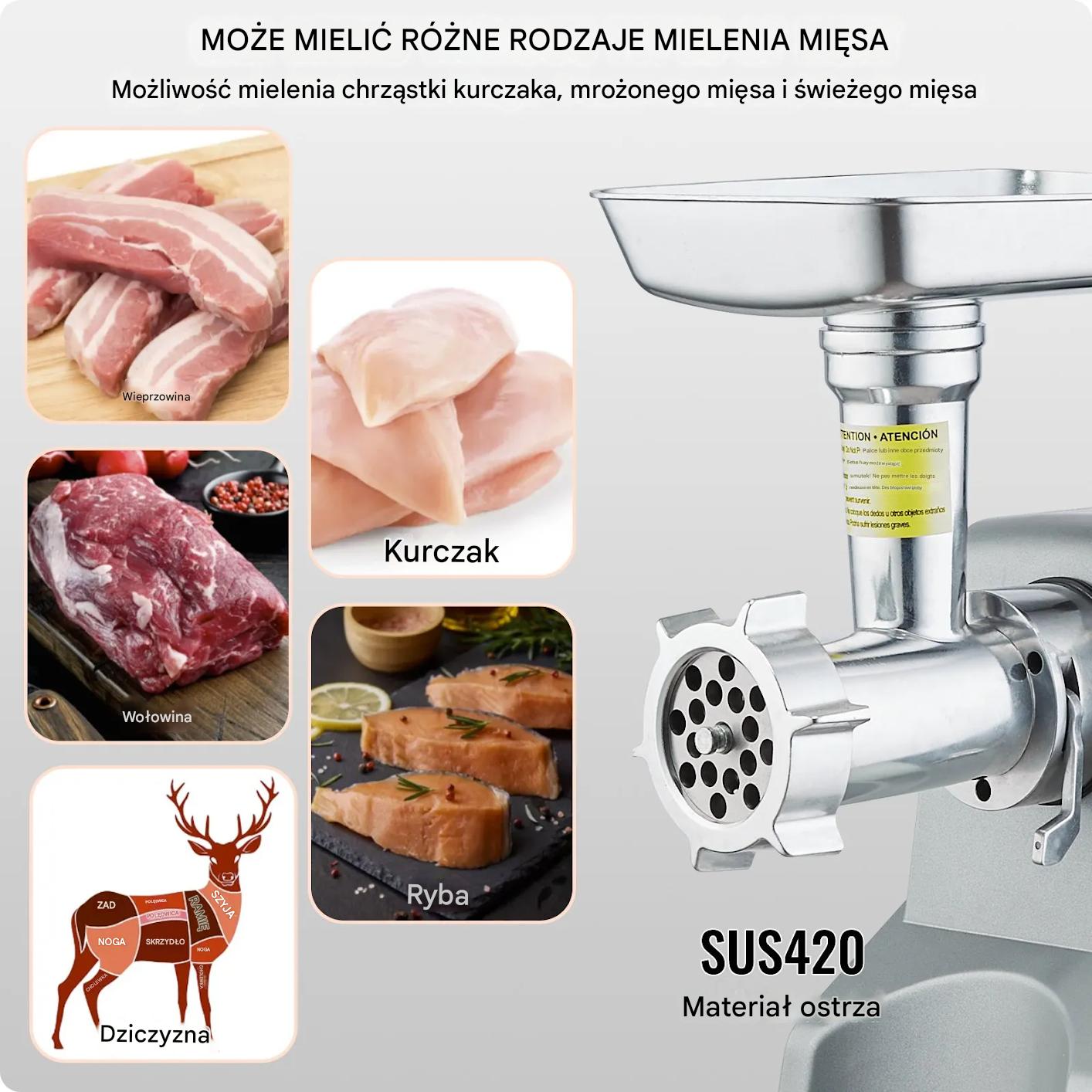 Maszynka do mięsa elektryczna 2,27kg/min 575W stal aluminiowa kiełbasy - obrazek 4
