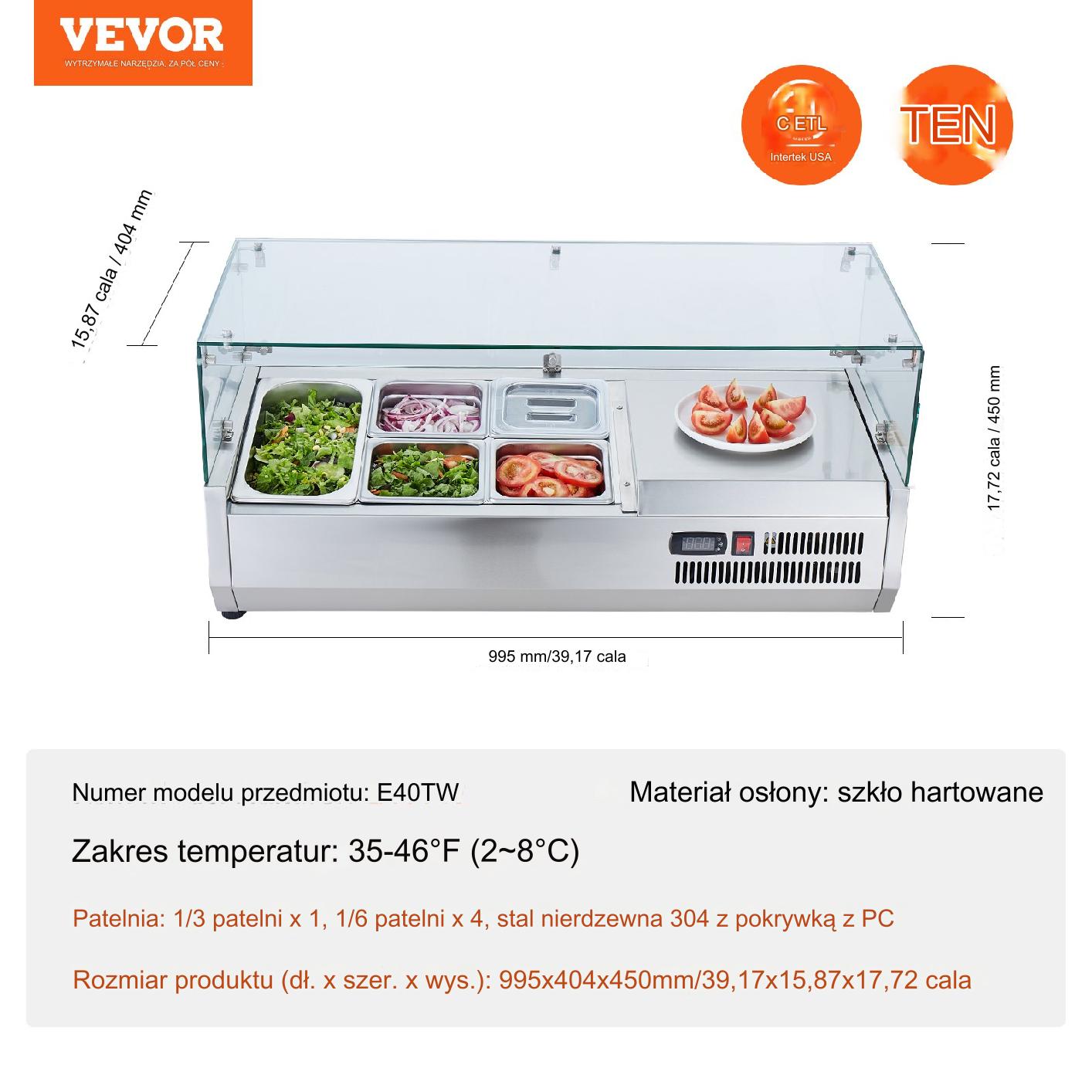 Lada chłodnicza do sałatek pojemniki ze stali nierdzewnej z pokrywami 140W - obrazek 2
