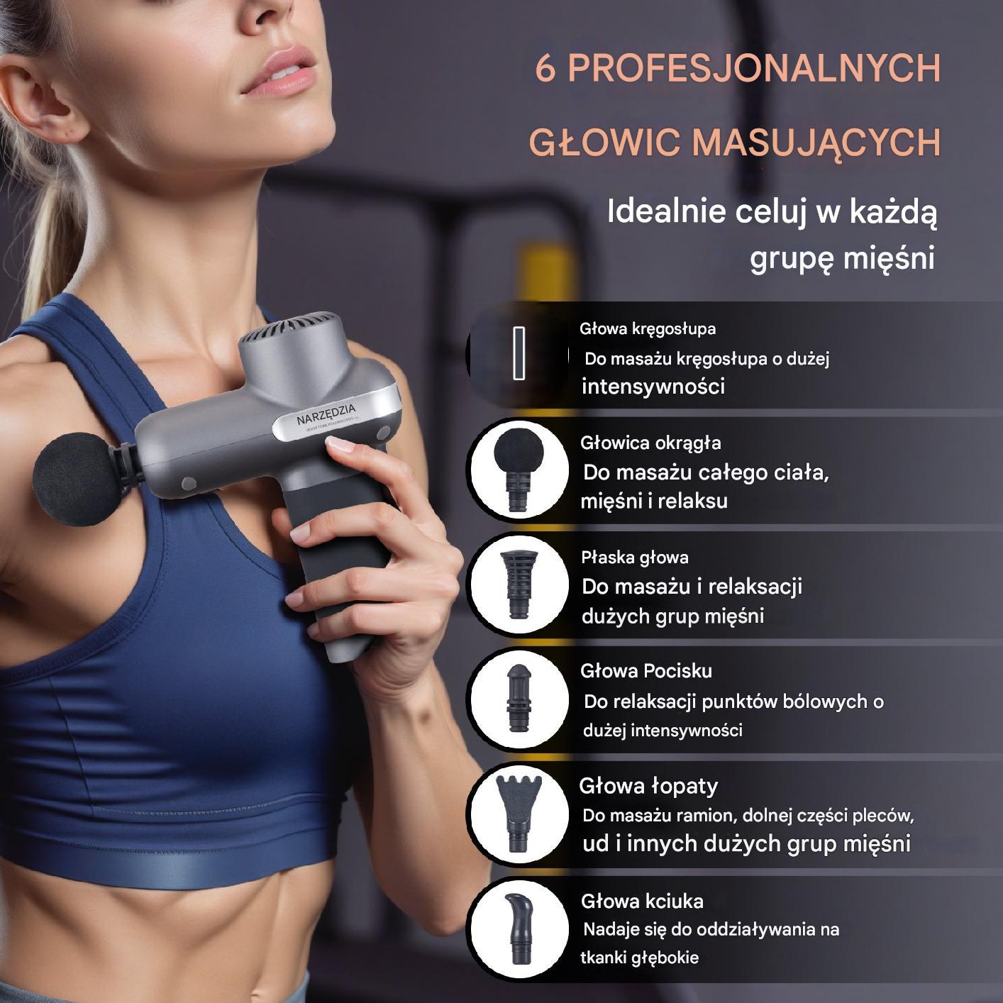 Pistolet masujący mięśnie 6 głowic 5 prędkości masaż pleców nóg sport - obrazek 4