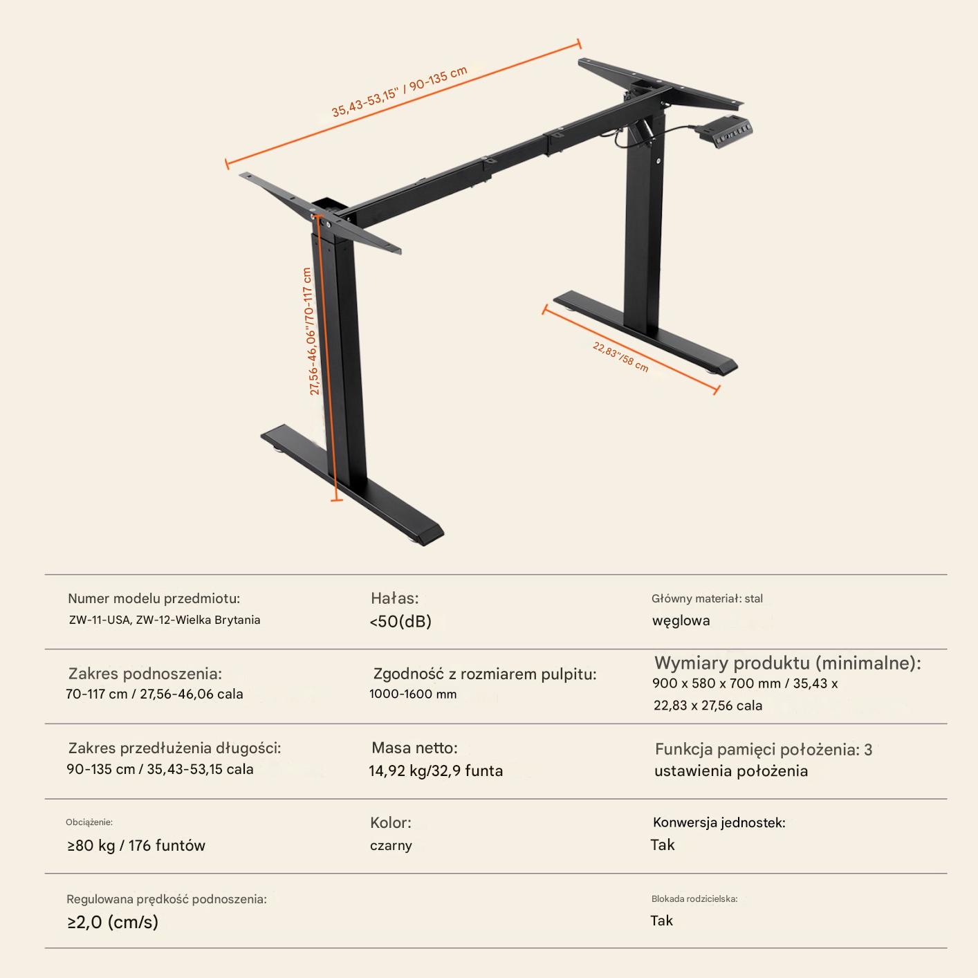 Elektryczny stelaż biurkowy regulowany czarny 70-117 cm - obrazek 2