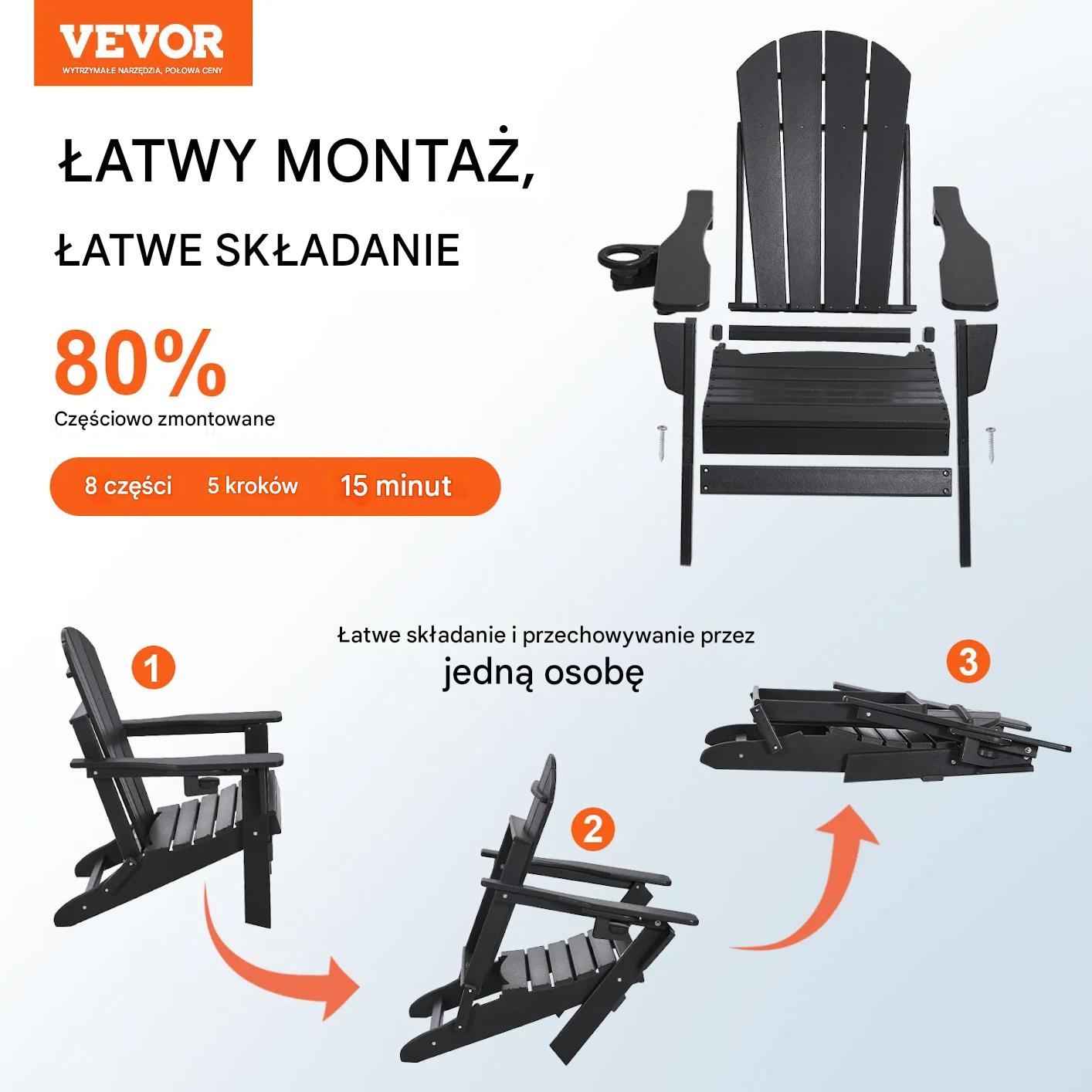 Krzesło ogrodowe Adirondack 2szt składane z podkładką na kubek na taras - obrazek 2