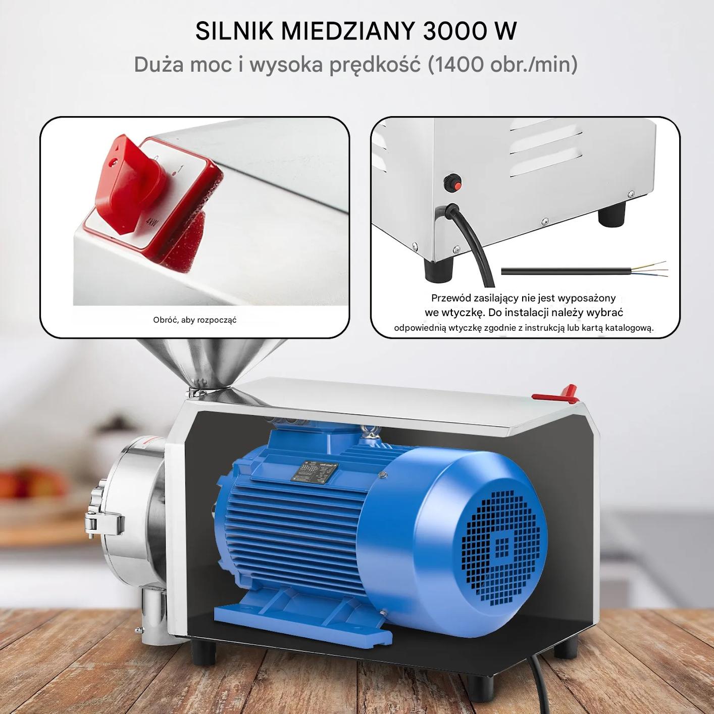 Młynek do zbóż 3000W 100kg/h stalowy przemysłowy do kukurydzy i przypraw - obrazek 4