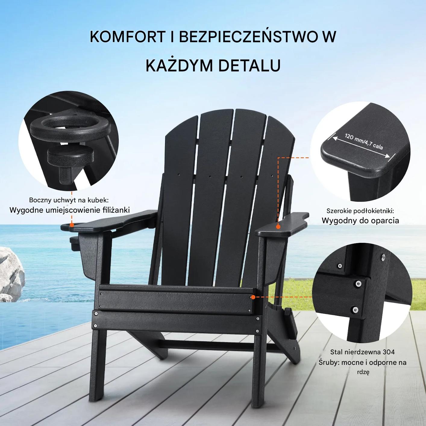 Krzesło ogrodowe Adirondack 2szt składane z podkładką na kubek na taras - obrazek 5