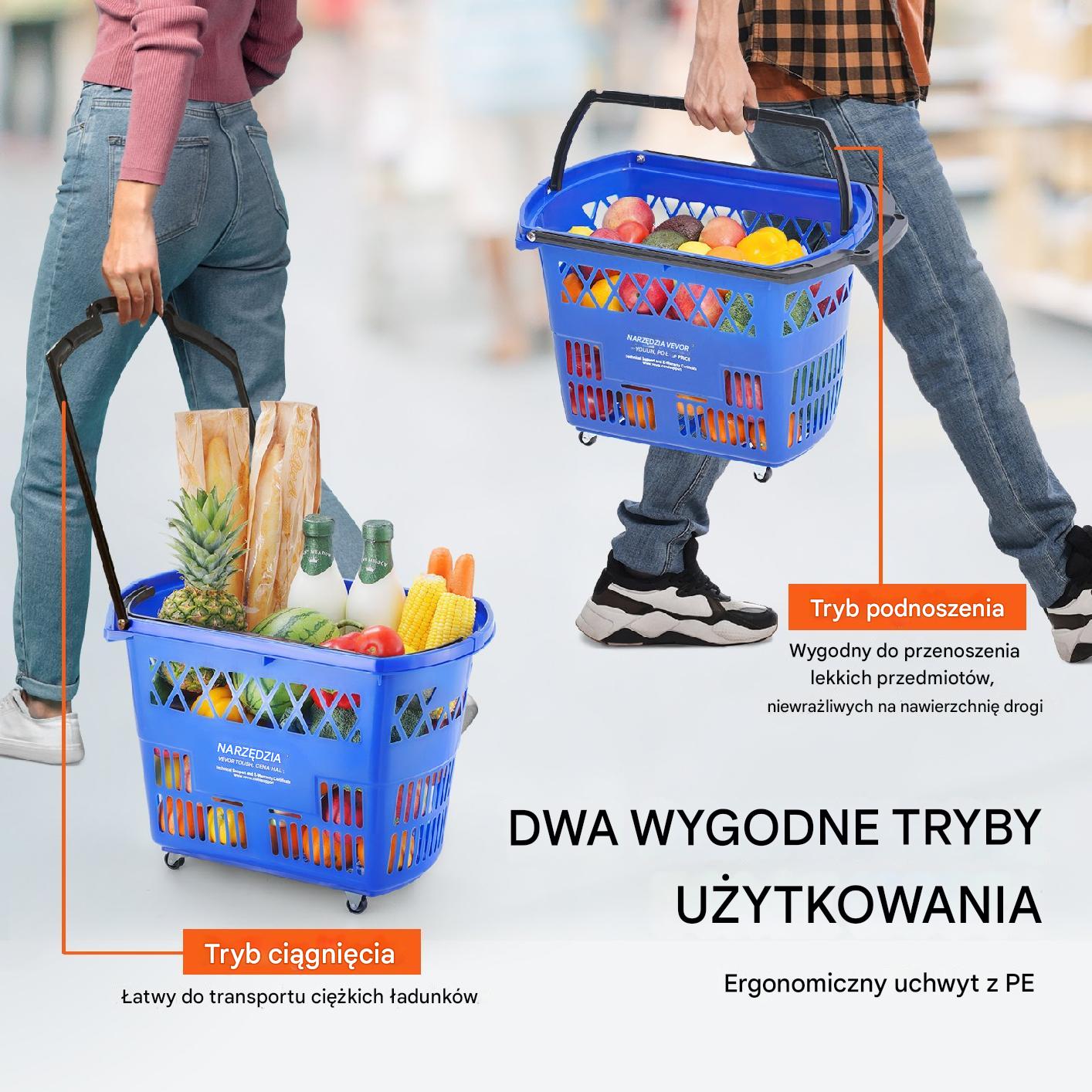 Koszyk sklepowy 40 L Kosz na kółkach Wysuwana Rączka 6 sztuk niebieski - obrazek 5