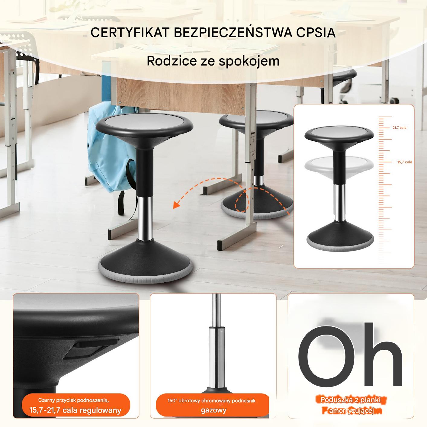 Krzesło aktywne regulowane 40-55 cm obrotowe dla dzieci 48 kg czarne ADHD - obrazek 4
