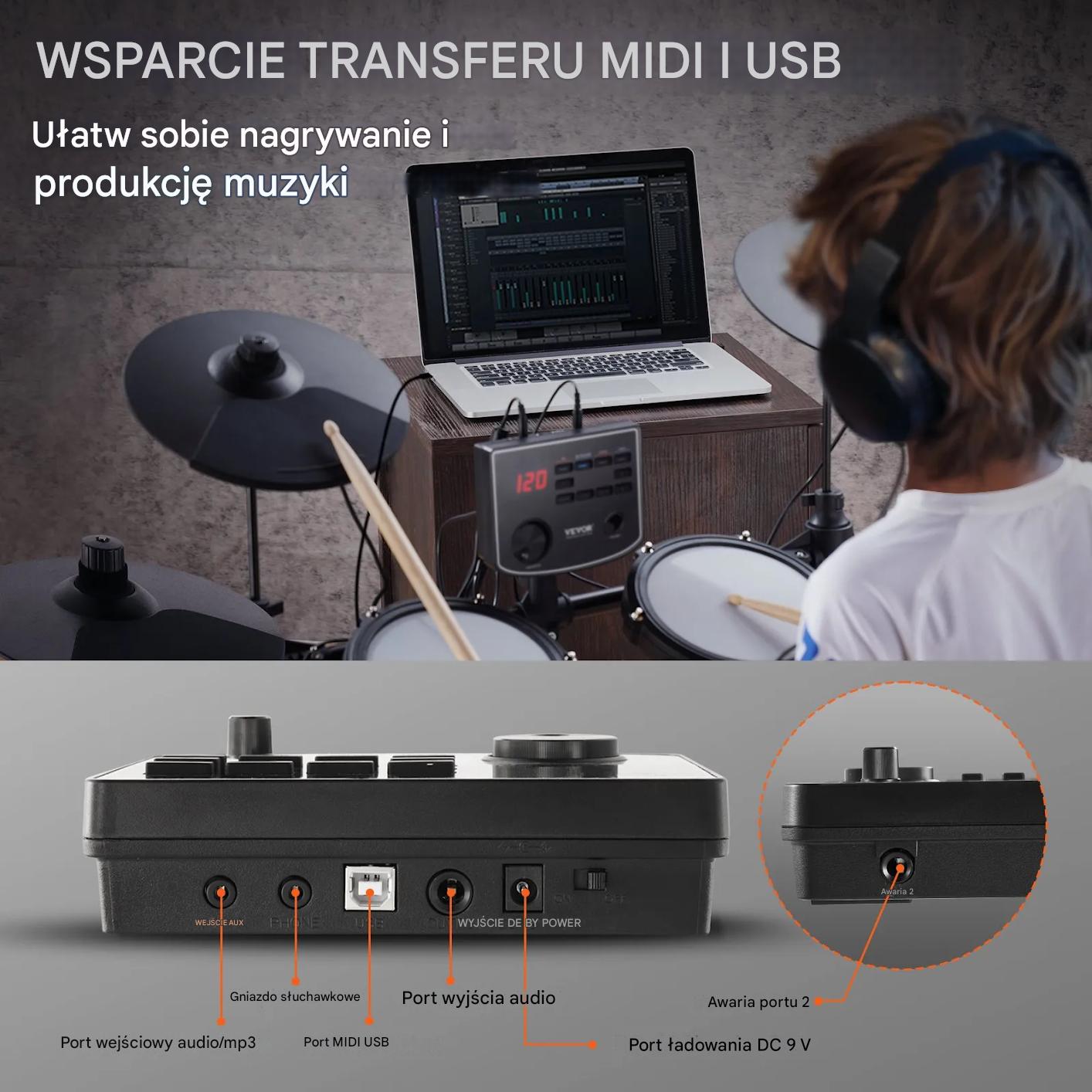 Perkusja elektroniczna 15 zestawów 150 dźwięków USB MIDI cicha dorośli - obrazek 5