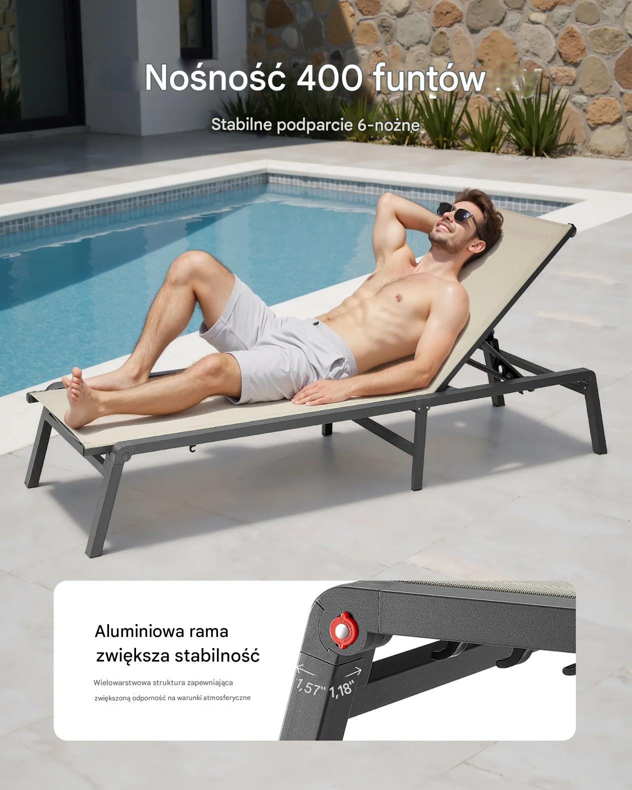 Leżak ogrodowy beżowy regulowany składany aluminiowy 5 pozycji taras ogród - obrazek 5