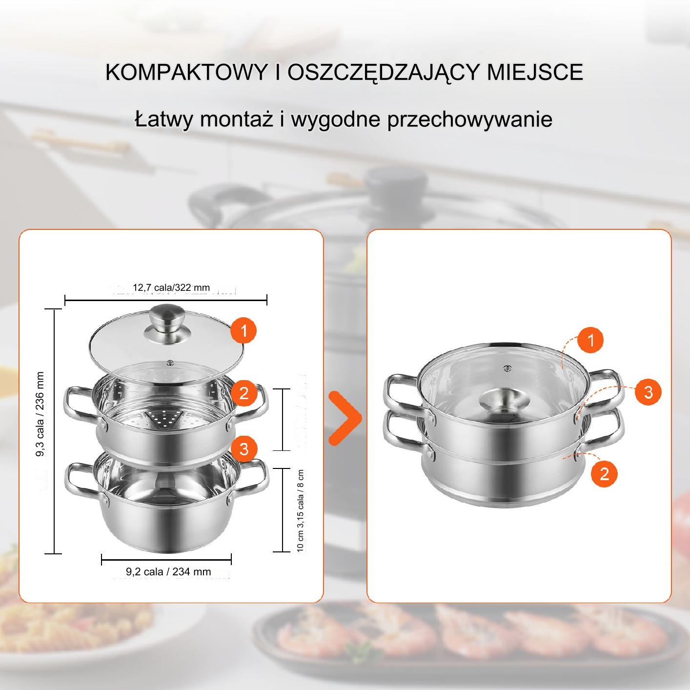 Garnek parowy 2w1 ze stali nierdzewnej 22 cm – 3L z pokrywką i rękawicami - obrazek 6