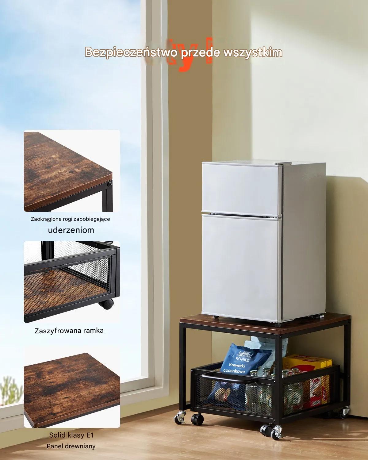 Stojak pod lodówkę mini z półkami 90 kg na kółkach organizer drewniany blat - obrazek 6