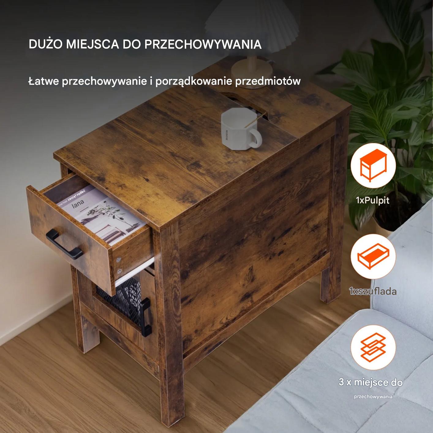 Stolik nocny z USB i szufladą 3-poziomowy burlywood do salonu i sypialni - obrazek 6