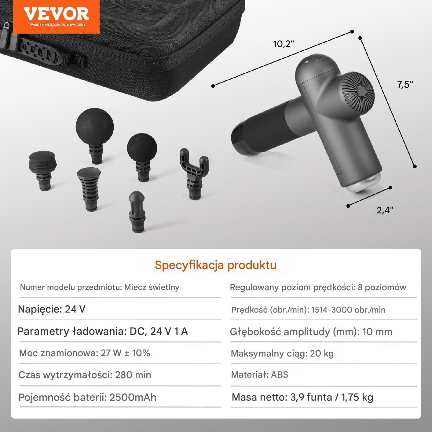 Masażer pistoletowy 24V, 3300 obrotów – do ciała, pleców i stóp - obrazek 2