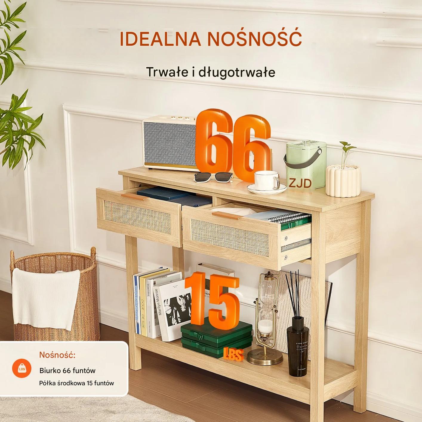 Stolik konsola do przedpokoju korytarza rattan ciemna 2 szuflady - obrazek 3