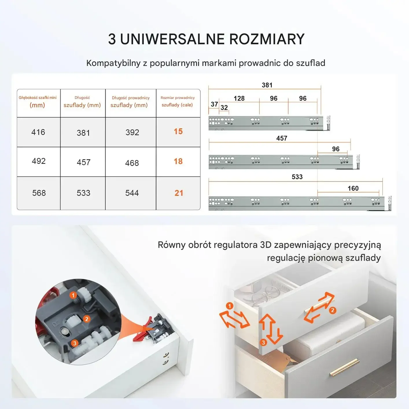 Prowadnice do szuflad 533 mm cichy domyk pełny wysuw 10 par do mebli kuchni - obrazek 3