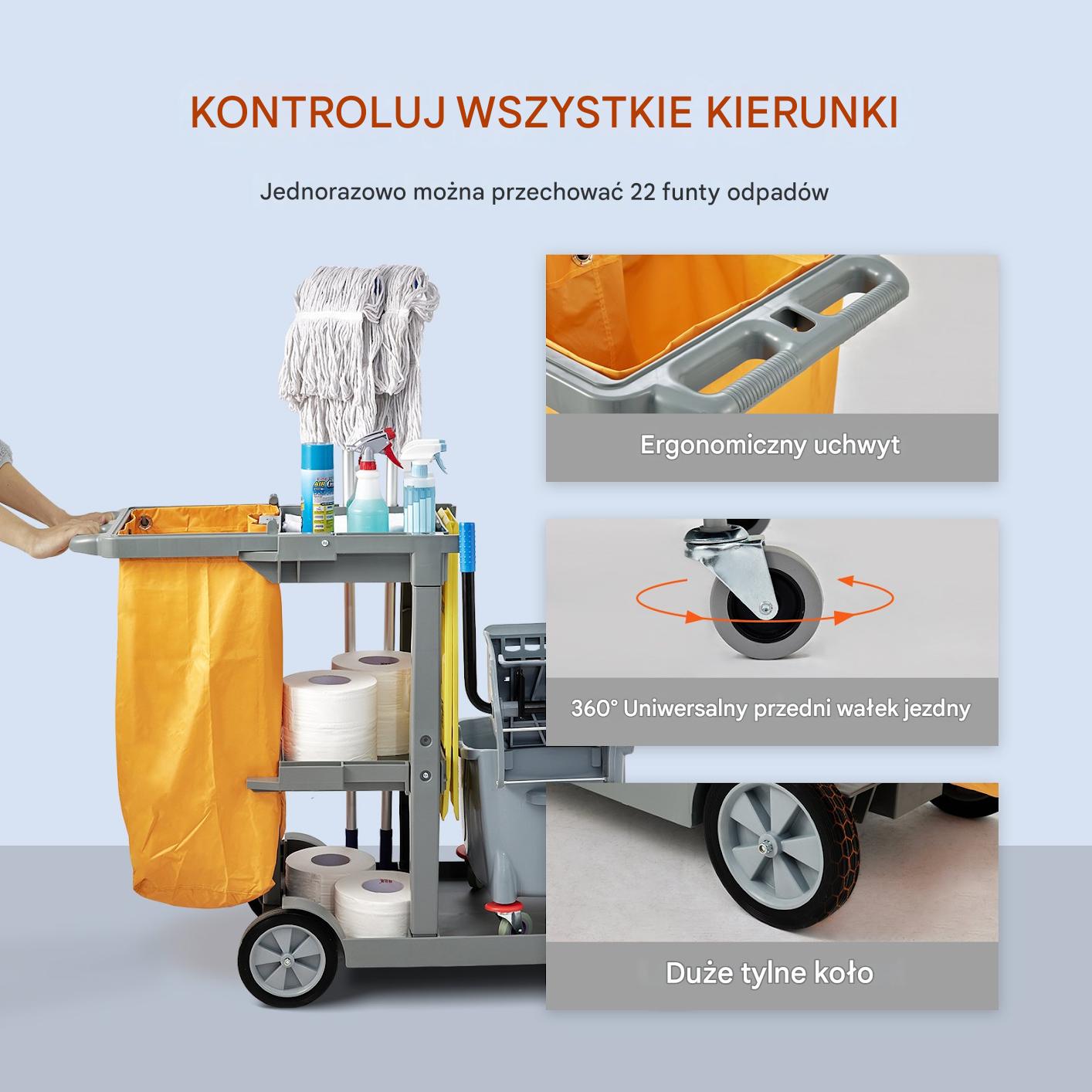 Szary wózek do sprzątania 3-poziomowy z workiem na odpady - obrazek 6