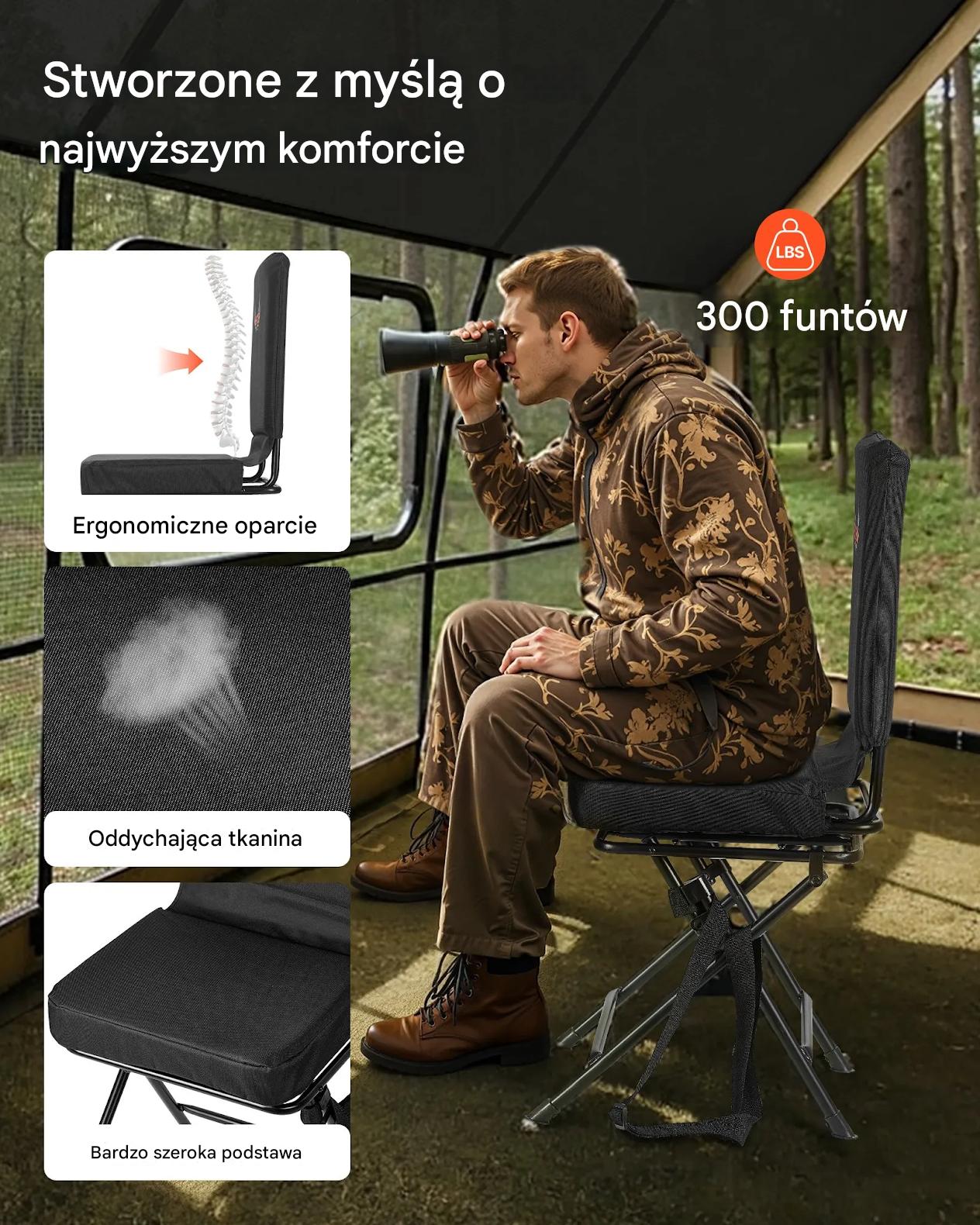 Krzesełko myśliwskie wędkarskie 360° składane lekkie z pasem ciche - obrazek 3