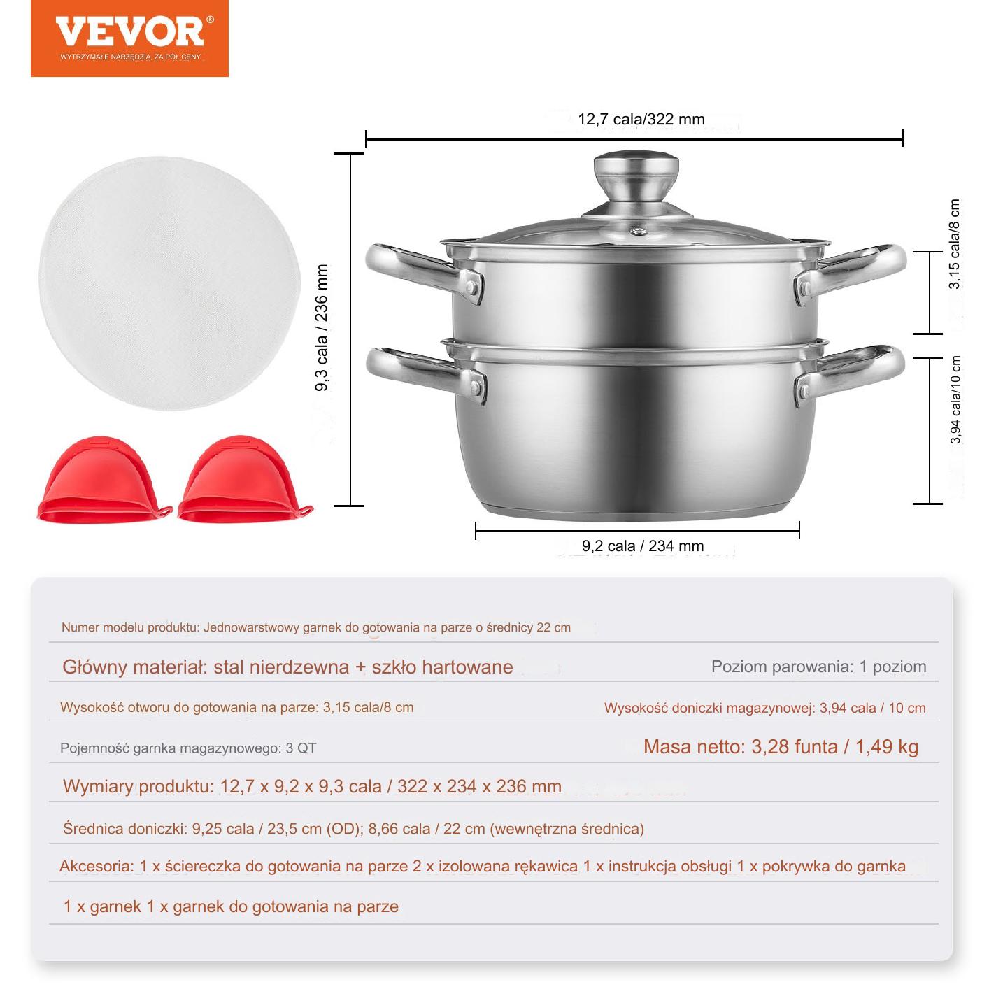 Garnek parowy 2w1 ze stali nierdzewnej 22 cm – 3L z pokrywką i rękawicami - obrazek 2