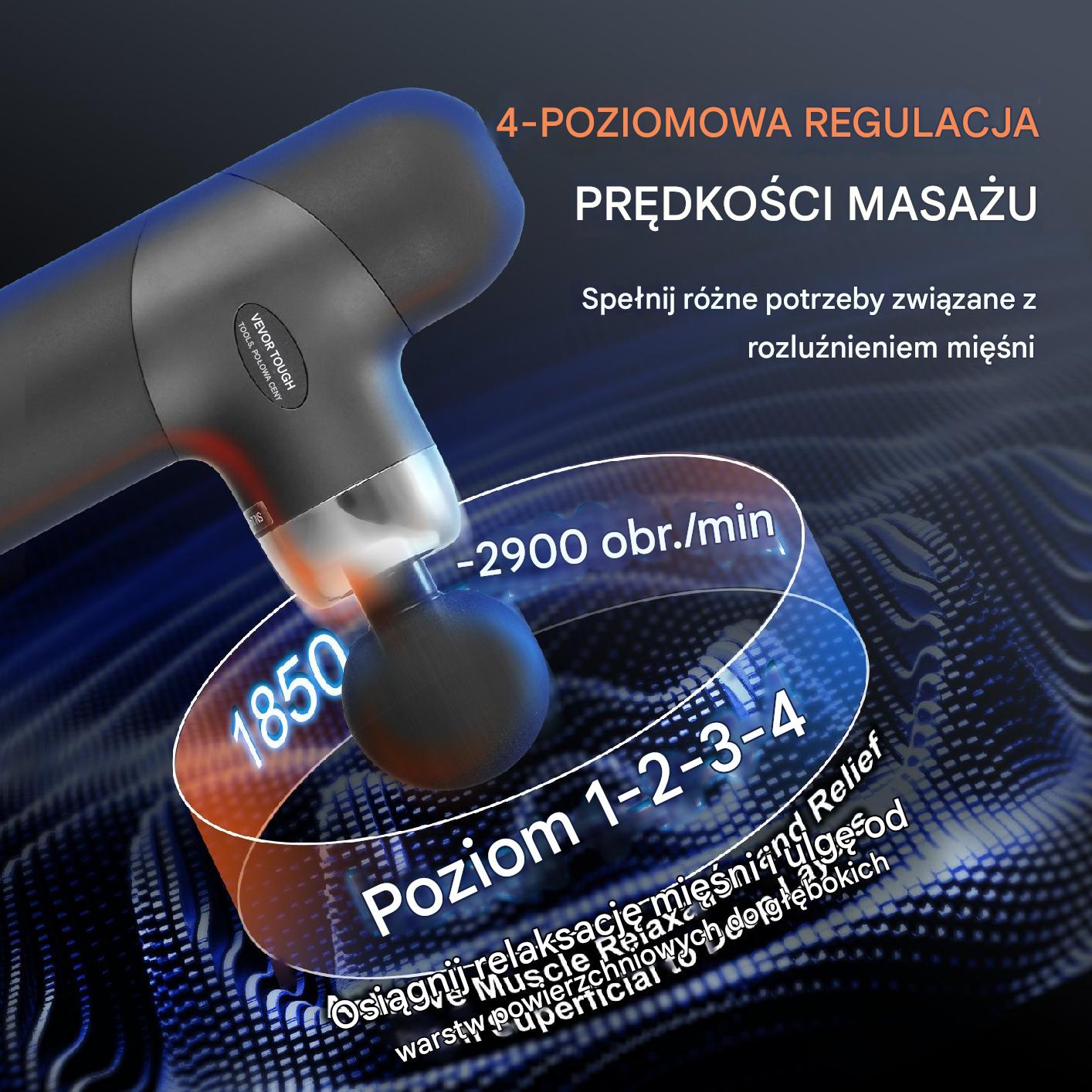 Pistolet do masażu mięśni – do ciała, pleców i stóp 4 głowice - obrazek 3