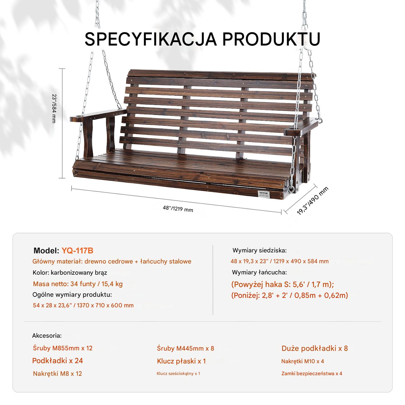 Huśtawka ogrodowa 140cm ławka wisząca 400kg na łańcuchach brązowa - obrazek 2