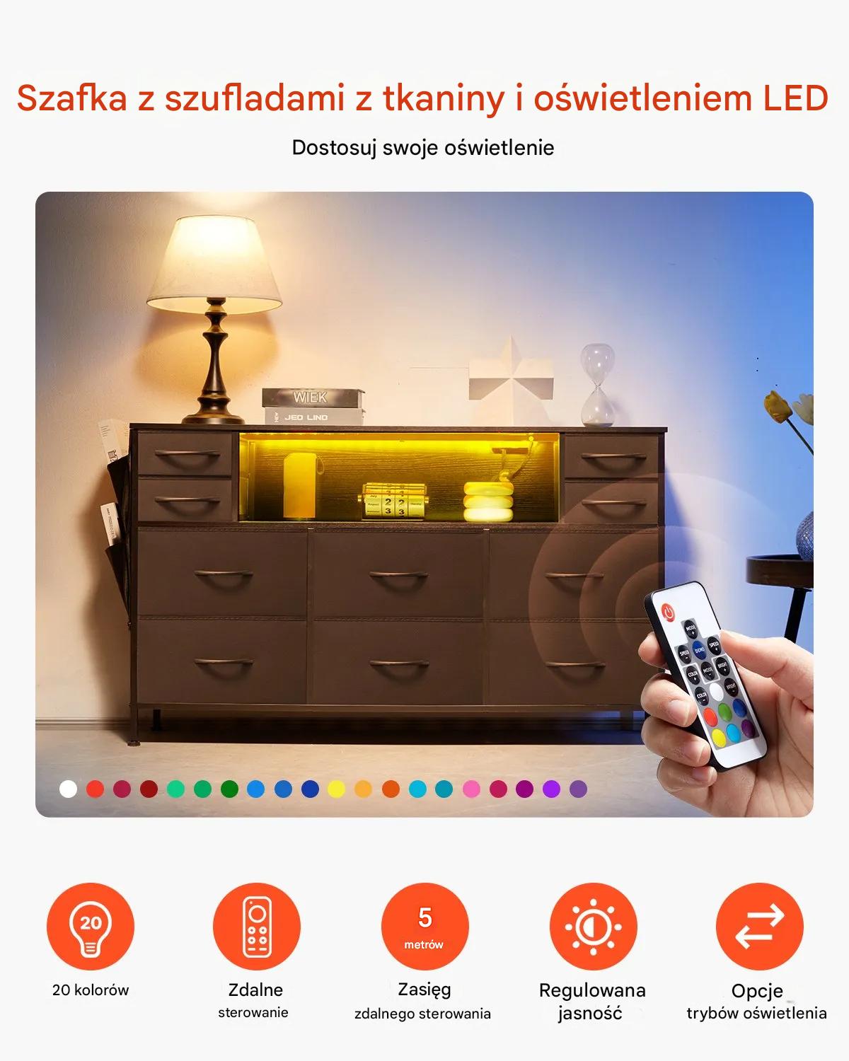 Komoda 10 szuflad materiałowa z półką LED gniazdko - do sypialni, garderoby - obrazek 7
